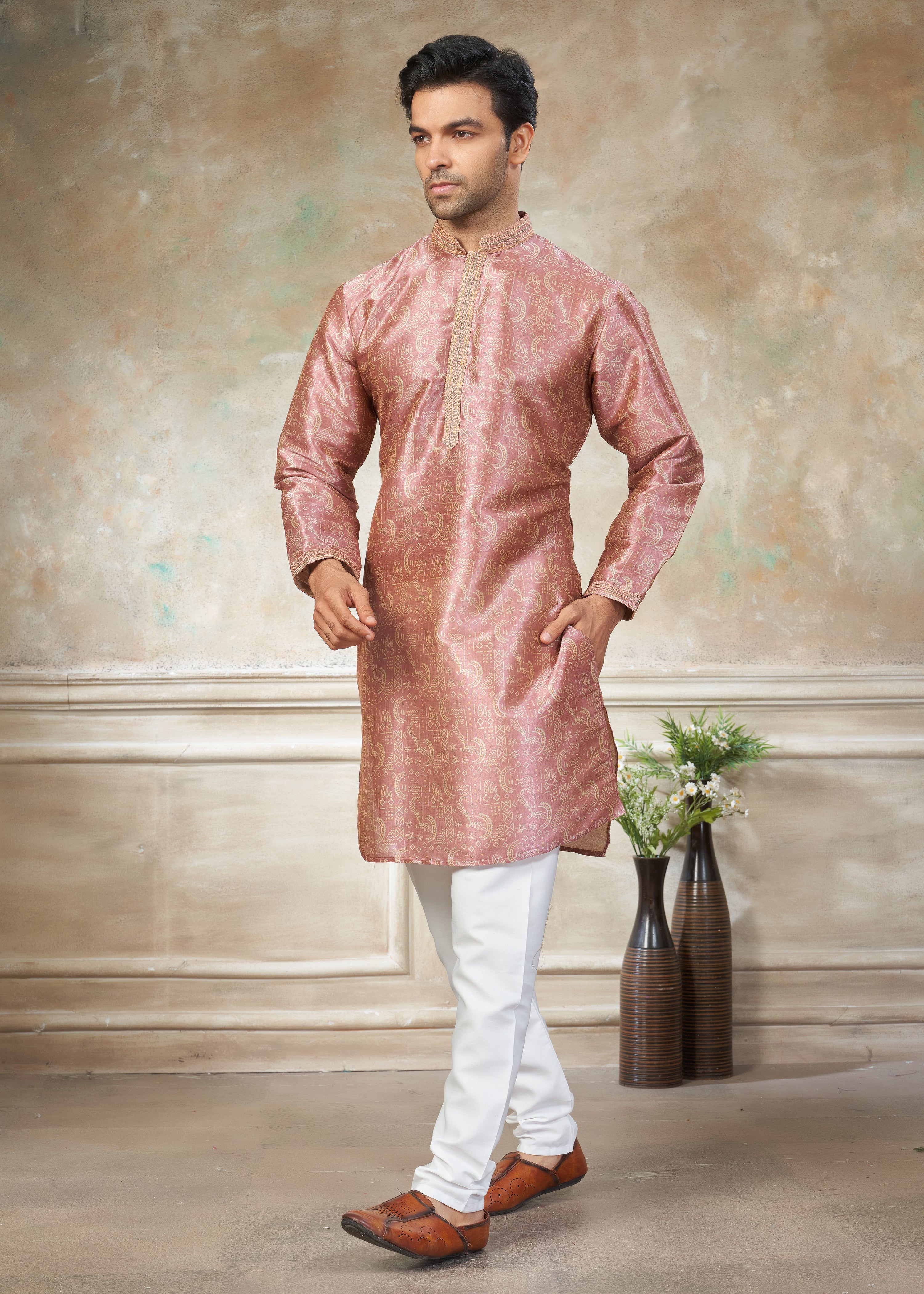 Peach silk with digital print Menswear kurta Pajama 41008