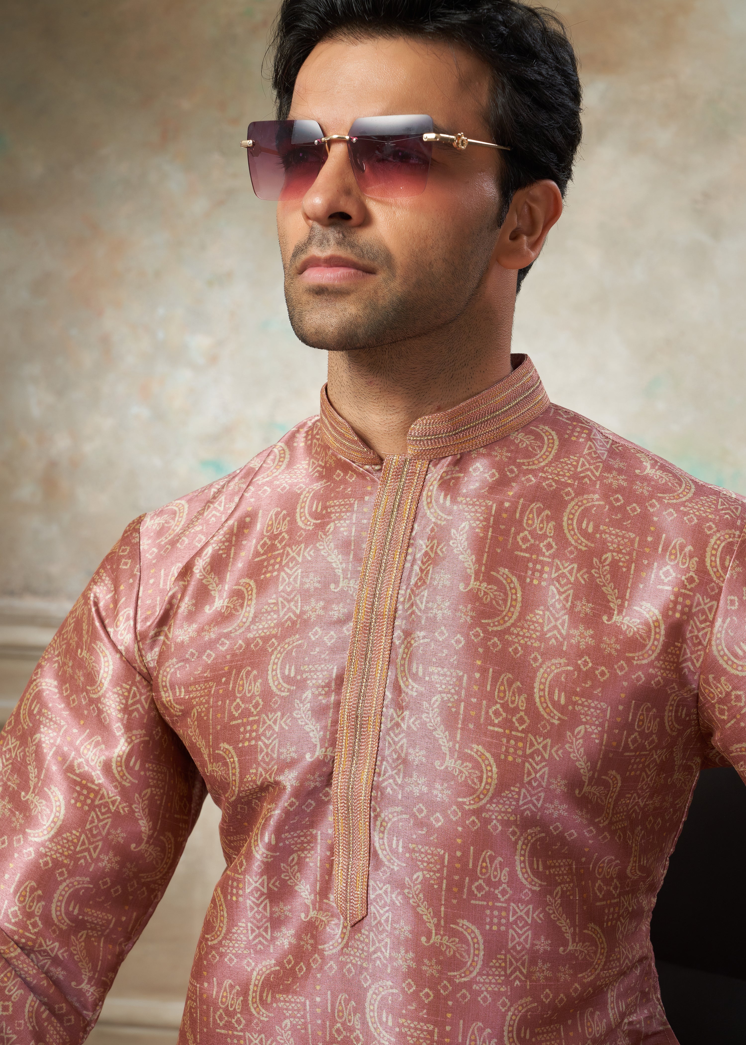 Peach silk with digital print Menswear kurta Pajama 41008