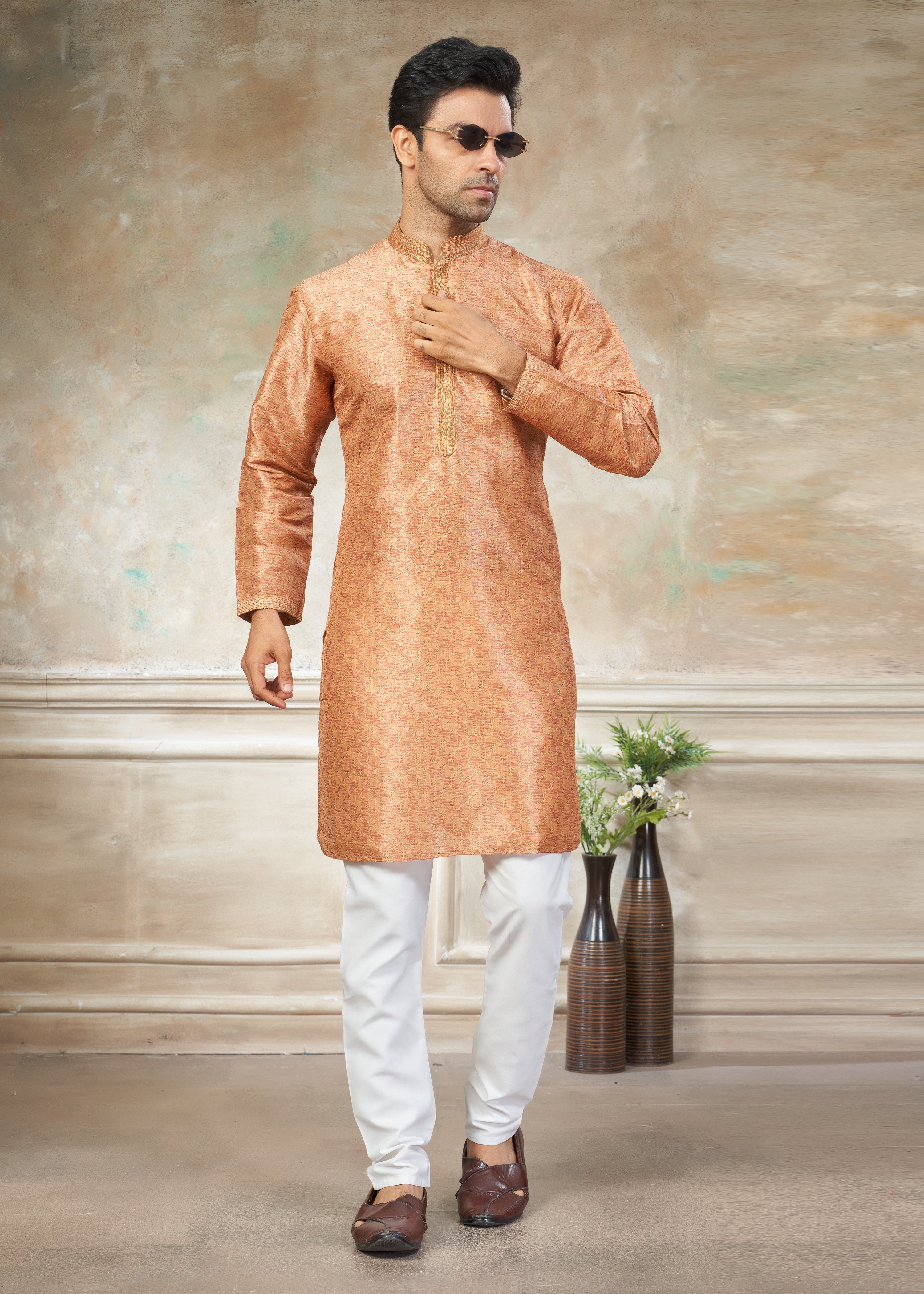 Orange silk with digital print Menswear kurta Pajama 41009