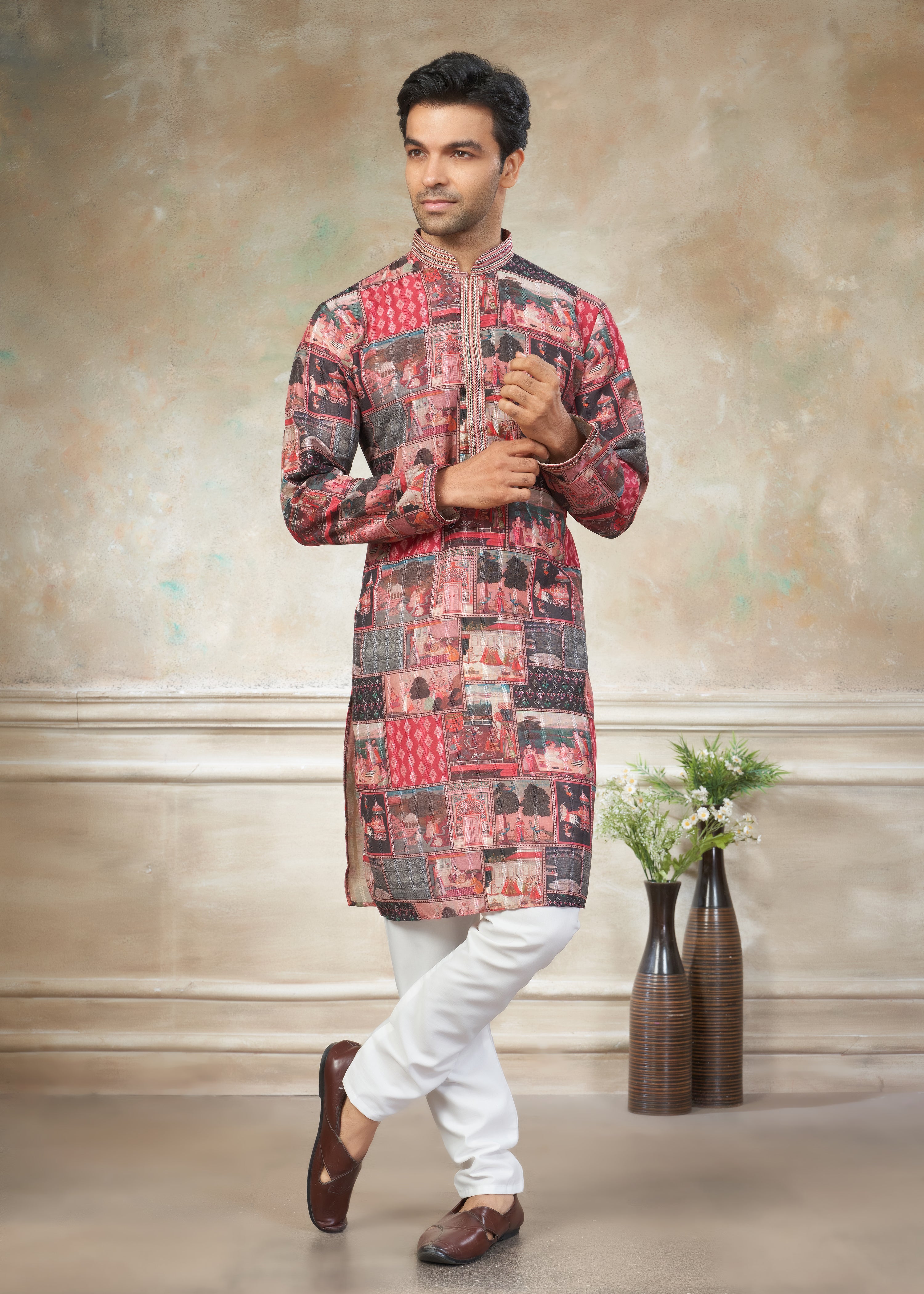 multicolor silk with digital print Menswear kurta Pajama 42001