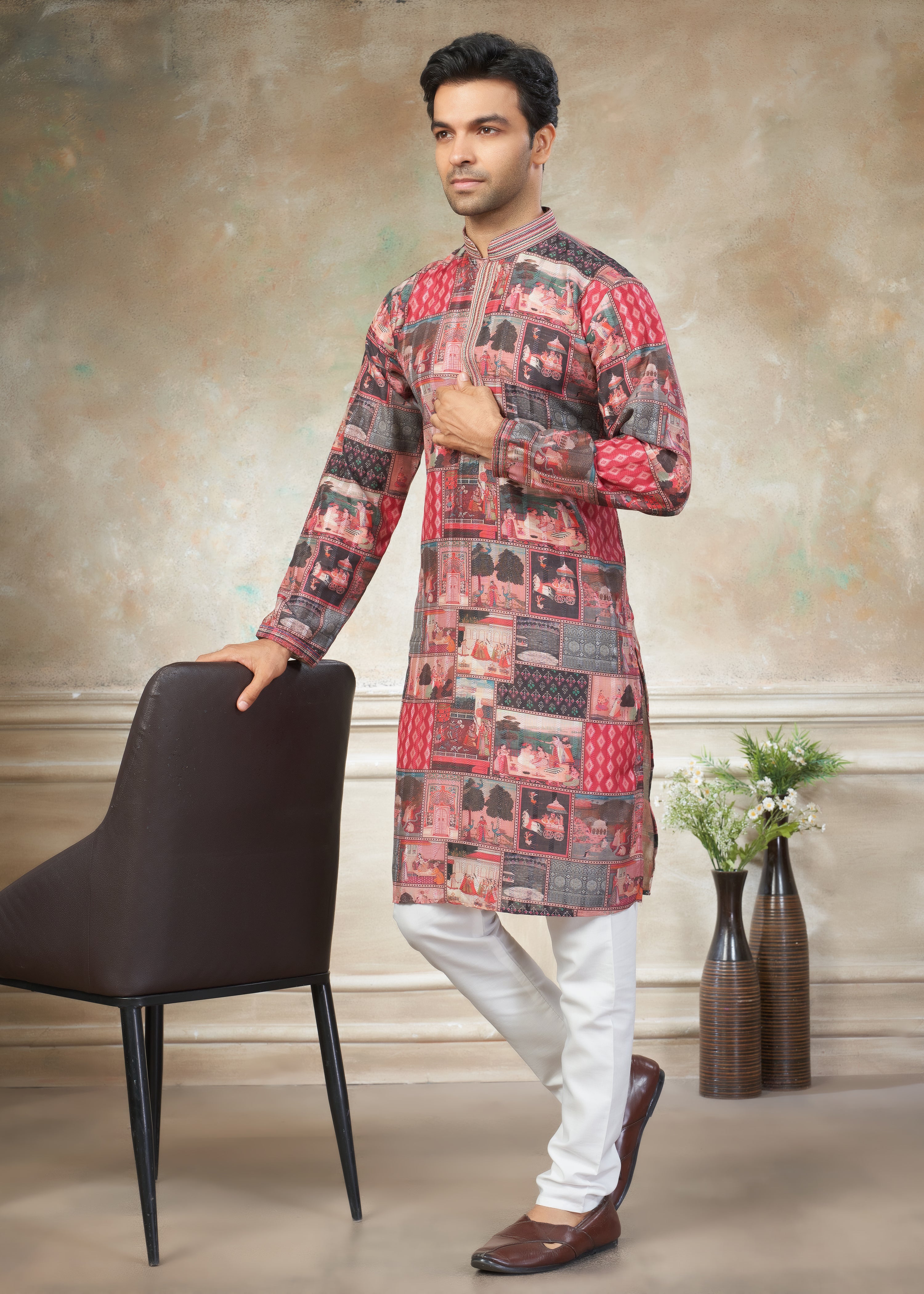 multicolor silk with digital print Menswear kurta Pajama 42001