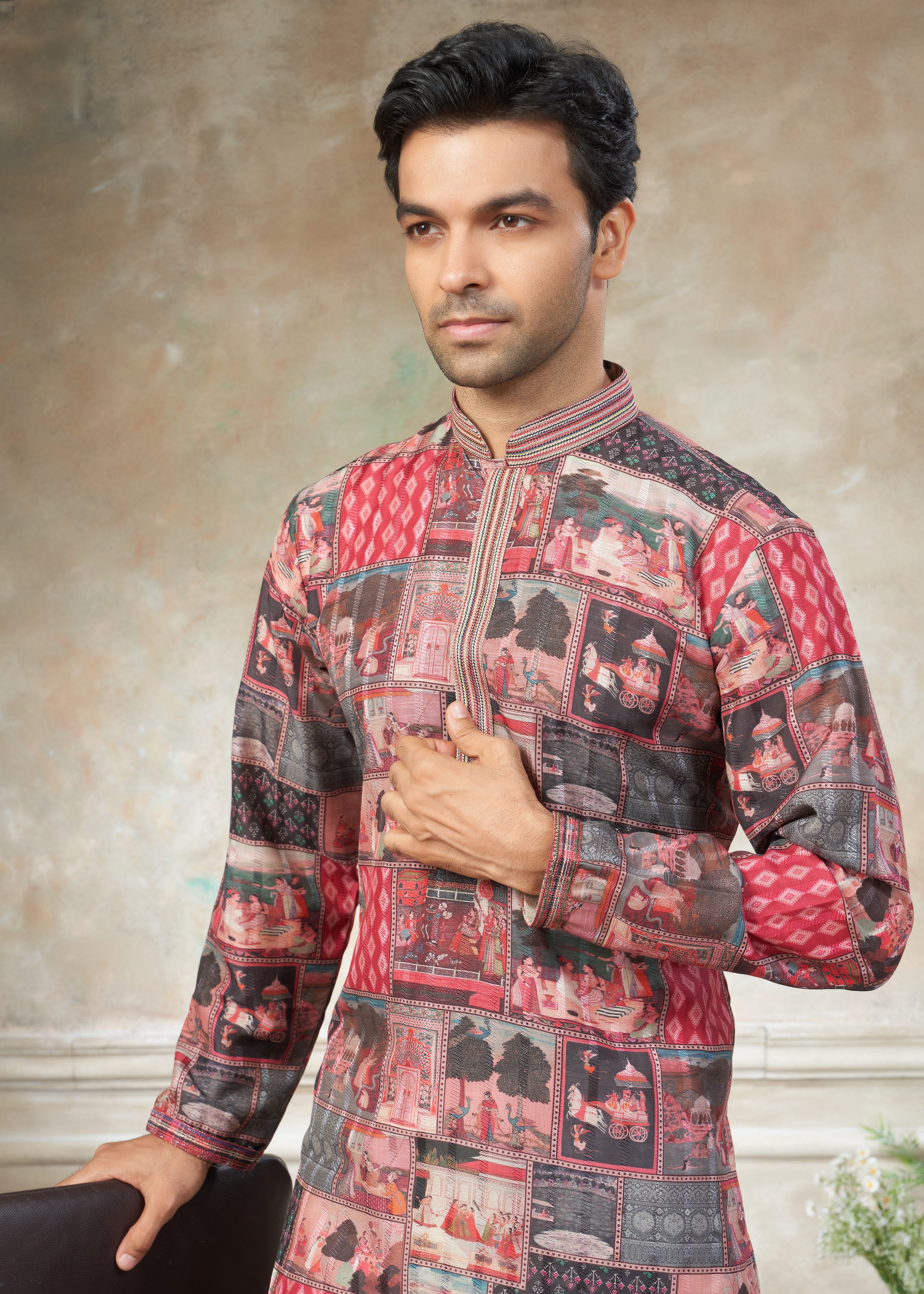 multicolor silk with digital print Menswear kurta Pajama 42001