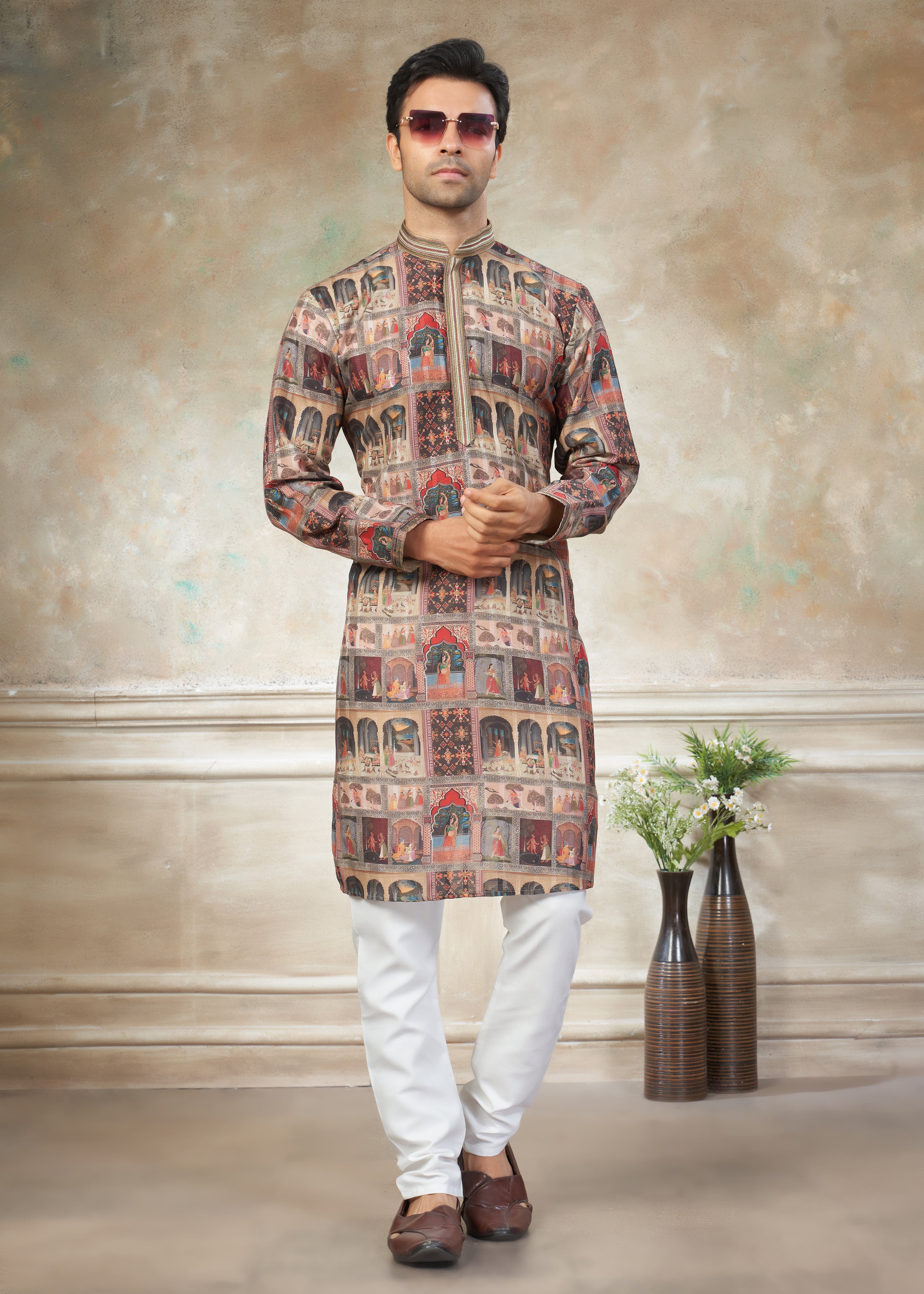 multicolor silk with digital print Menswear kurta Pajama 42002