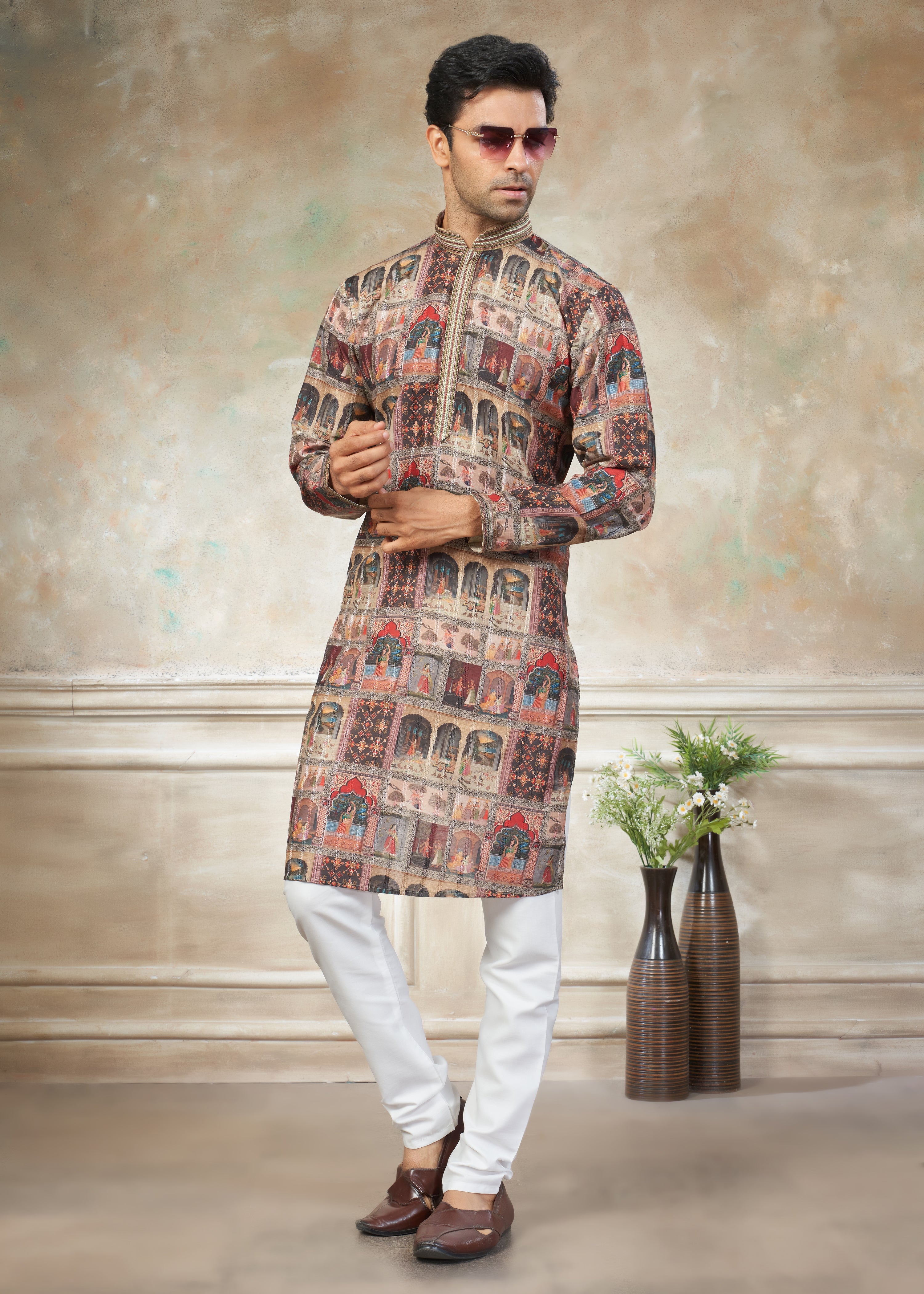 multicolor silk with digital print Menswear kurta Pajama 42002