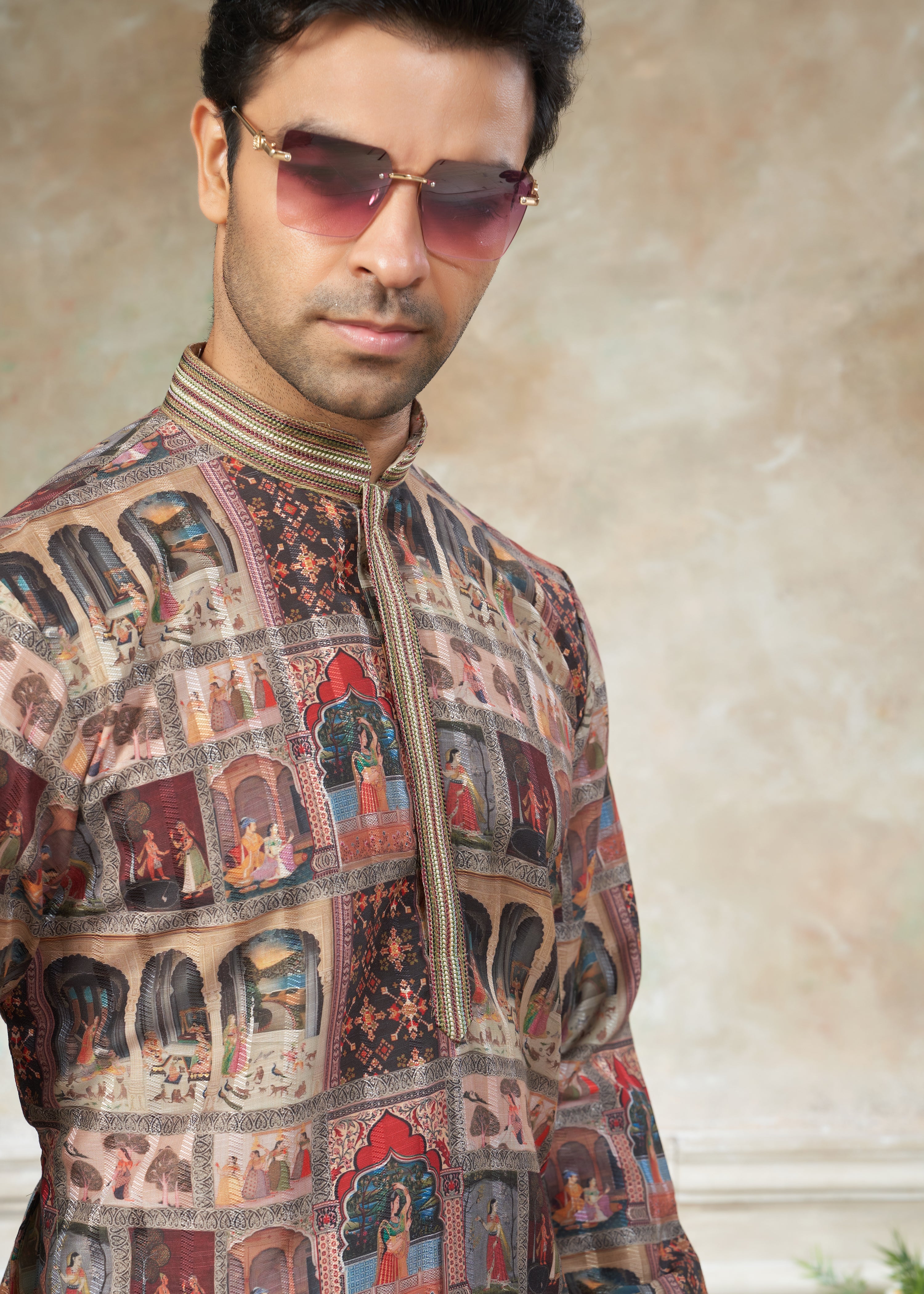 multicolor silk with digital print Menswear kurta Pajama 42002