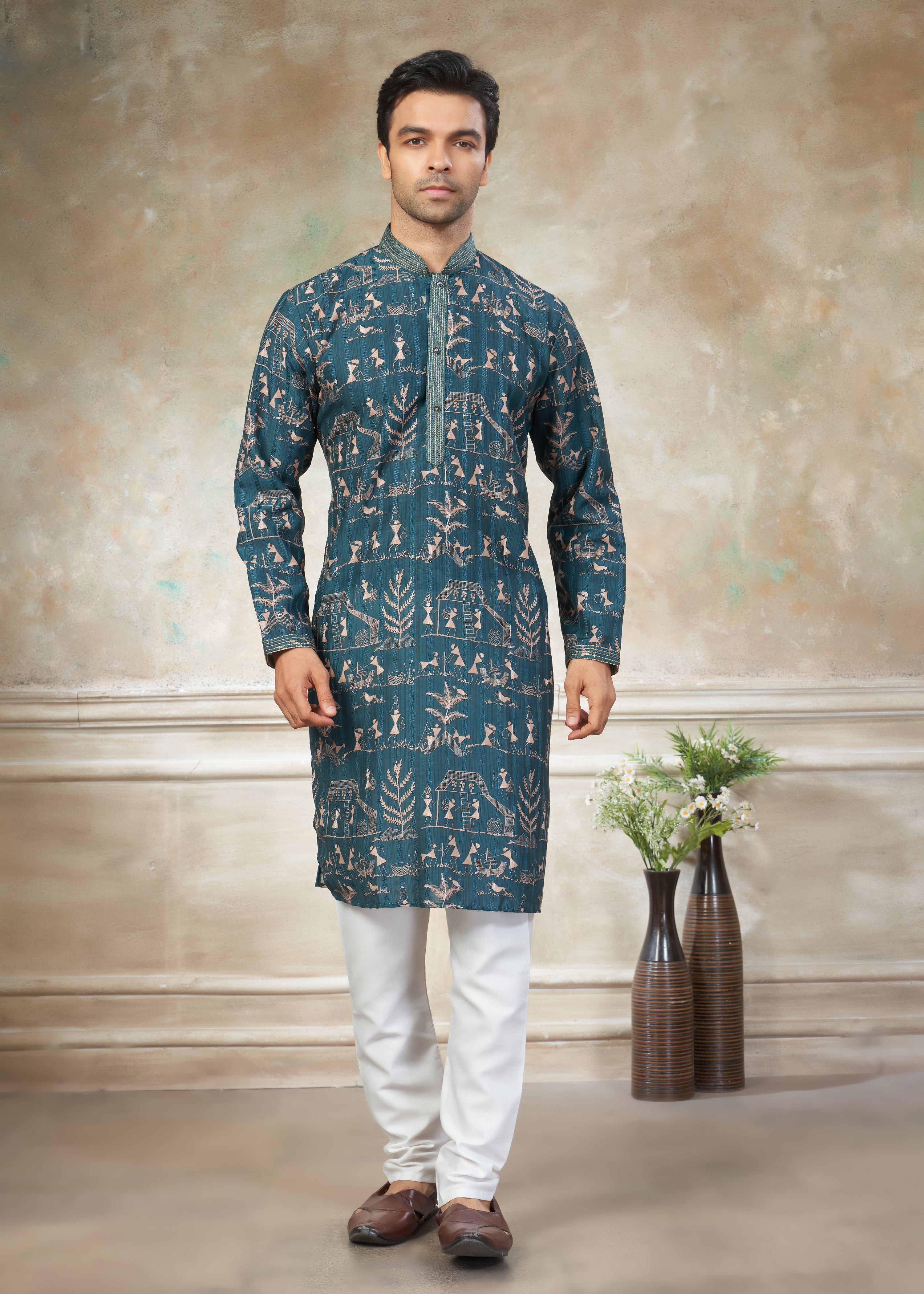 Teal Blue silk with digital print Menswear kurta Pajama 42003