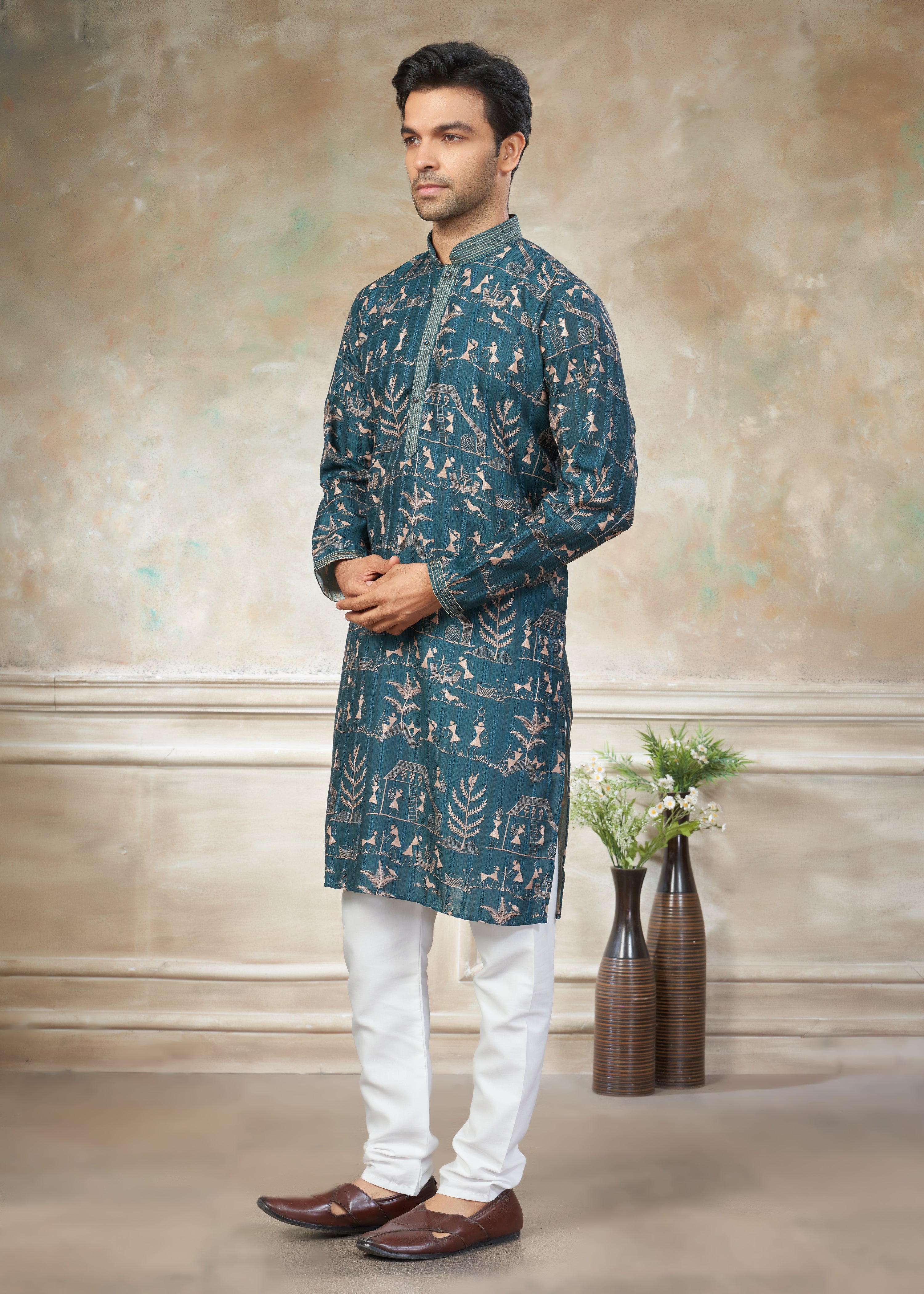 Teal Blue silk with digital print Menswear kurta Pajama 42003