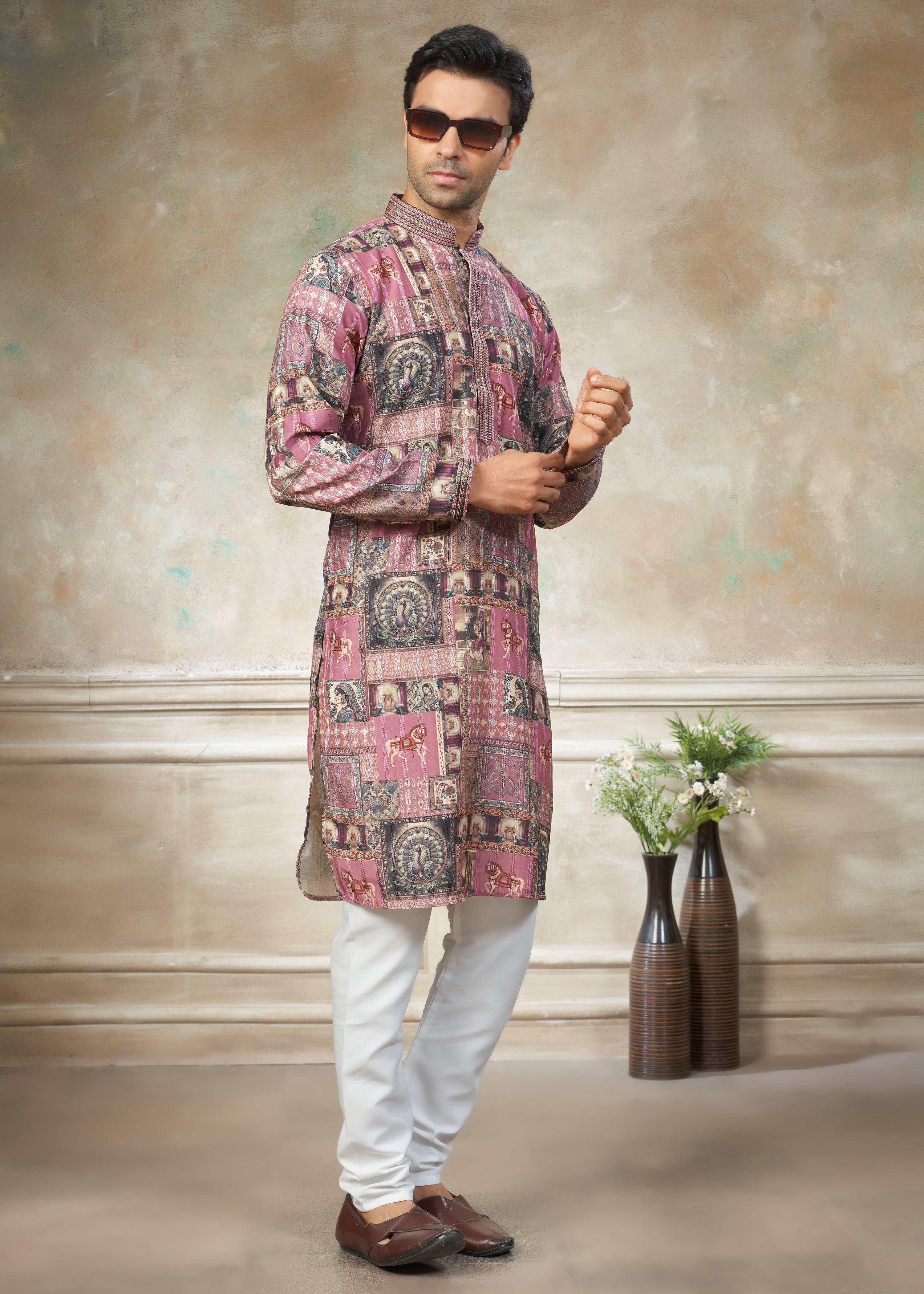Pink silk with digital print Menswear kurta Pajama 42004