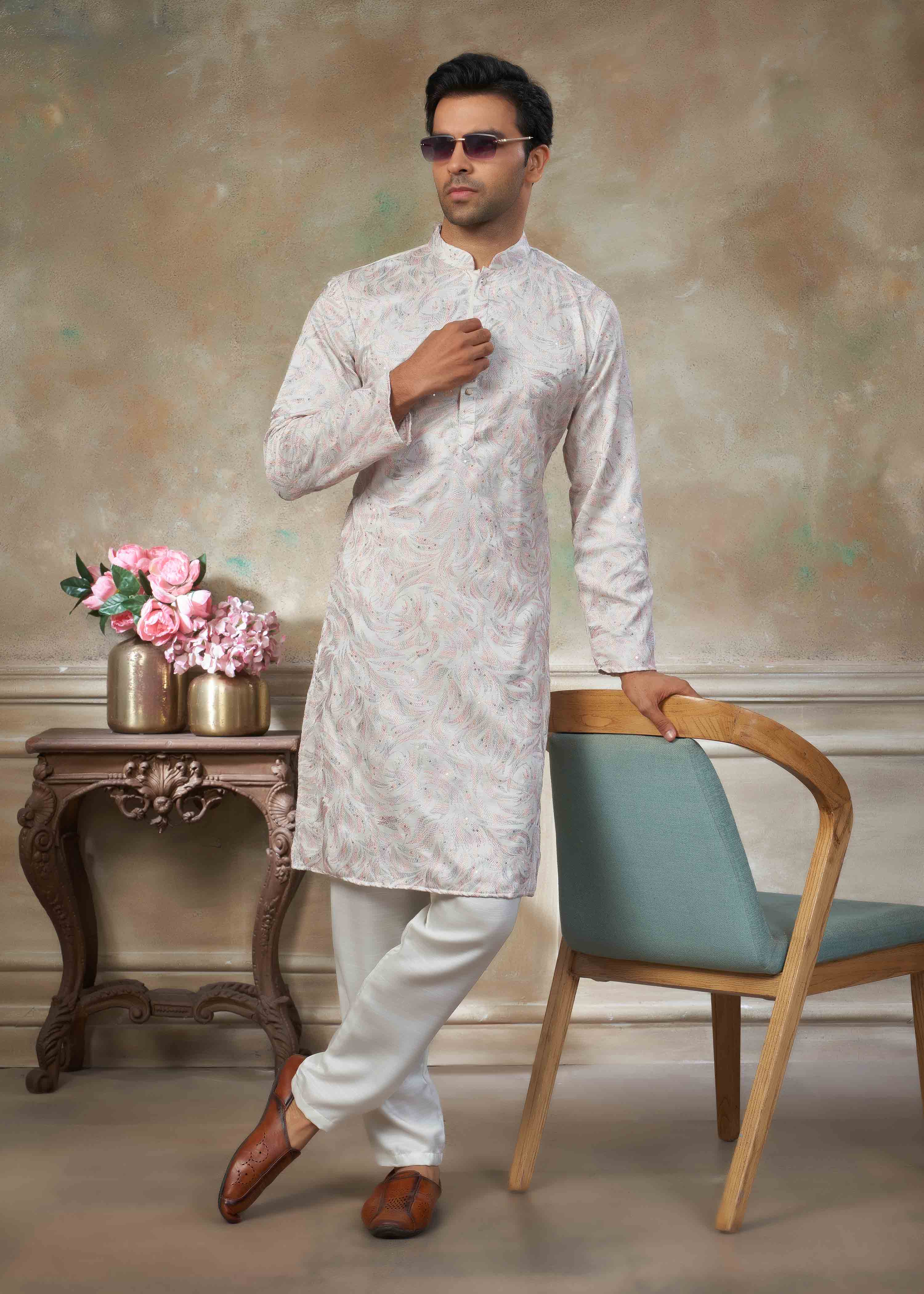 White color Cotton fabric with embroidery Menswear kurta Pajama 43001