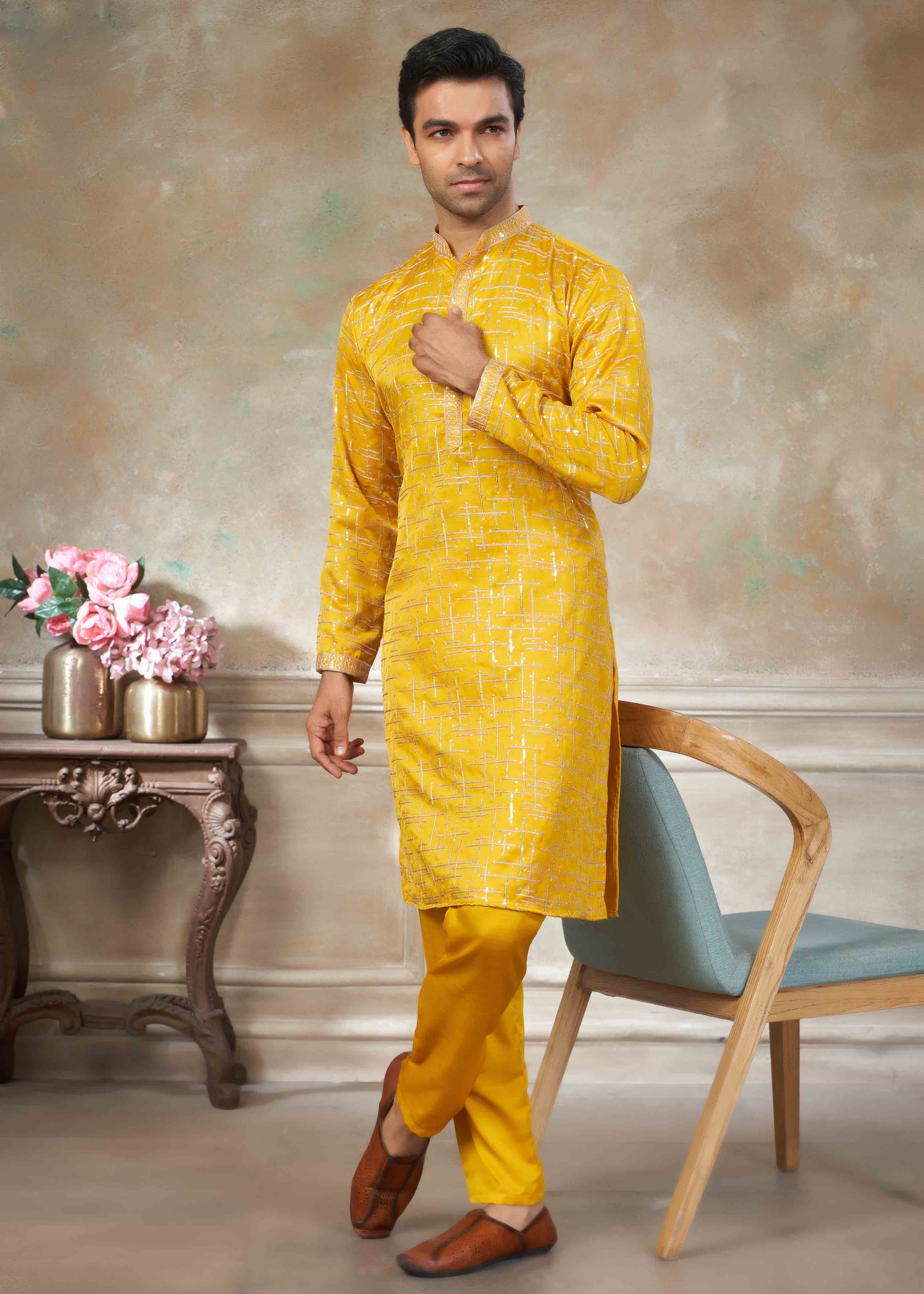 Yellow color Cotton fabric with embroidery Menswear kurta Pajama 43002