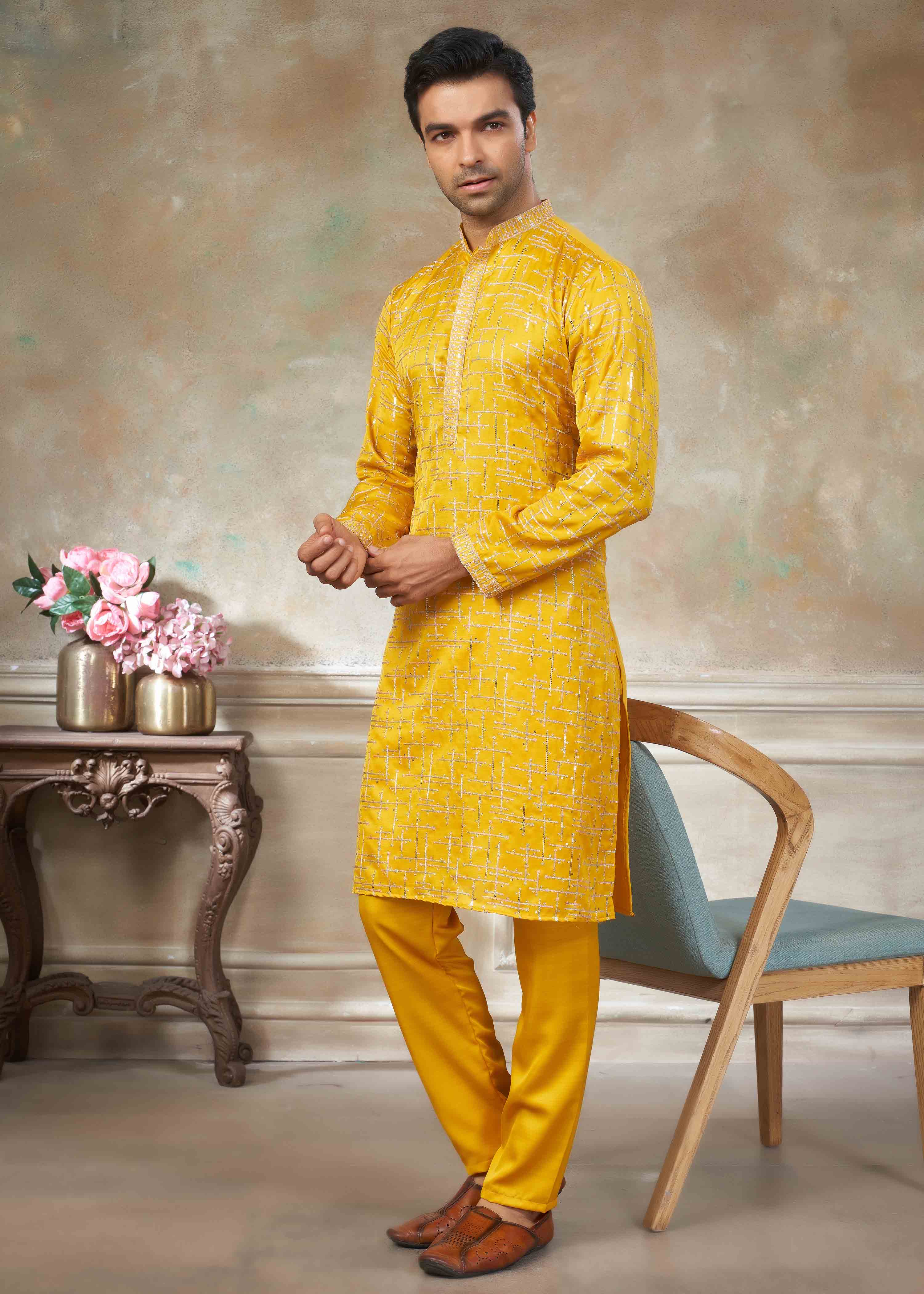 Yellow color Cotton fabric with embroidery Menswear kurta Pajama 43002