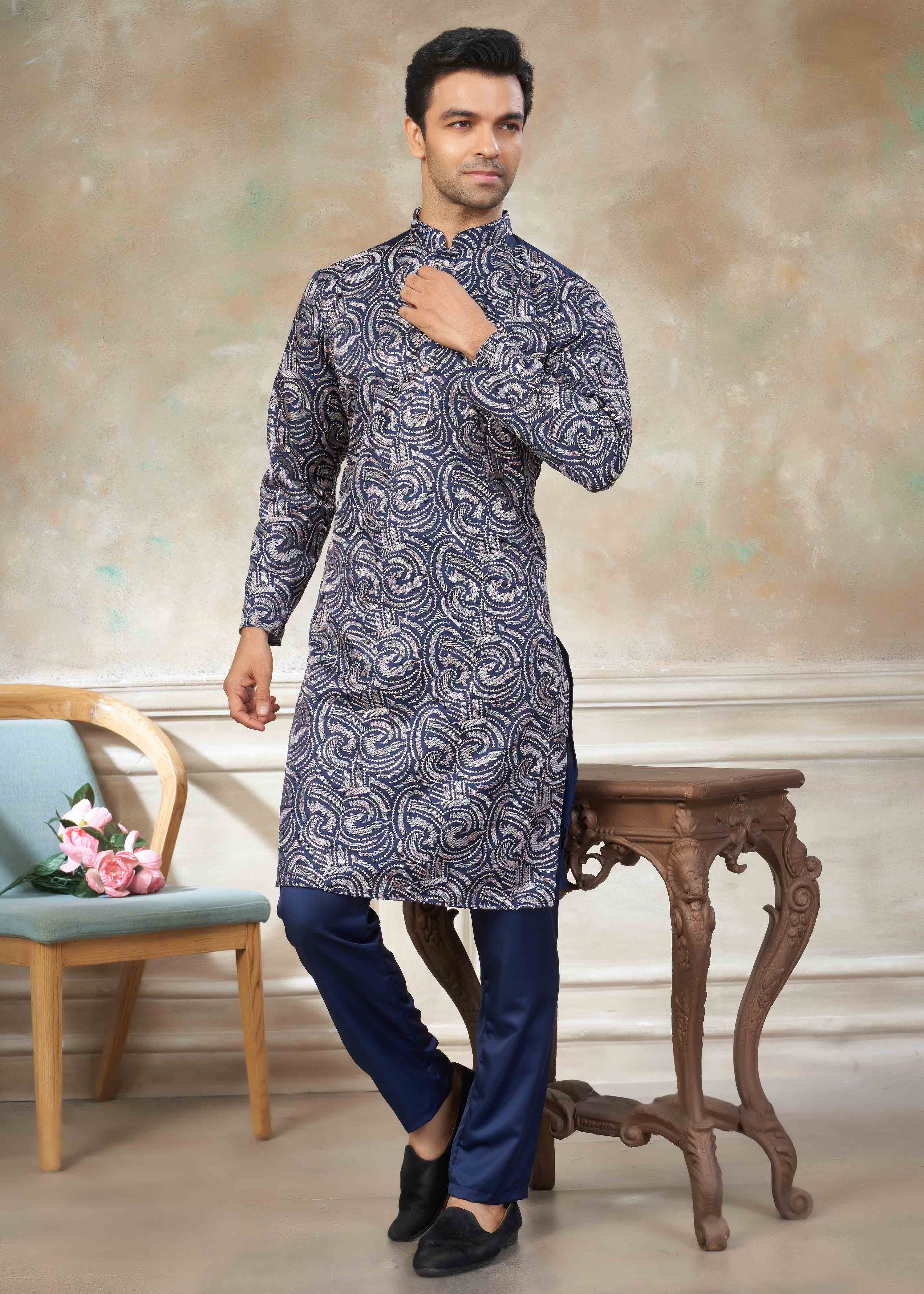 Blue color Cotton fabric with embroidery Menswear kurta Pajama 43003