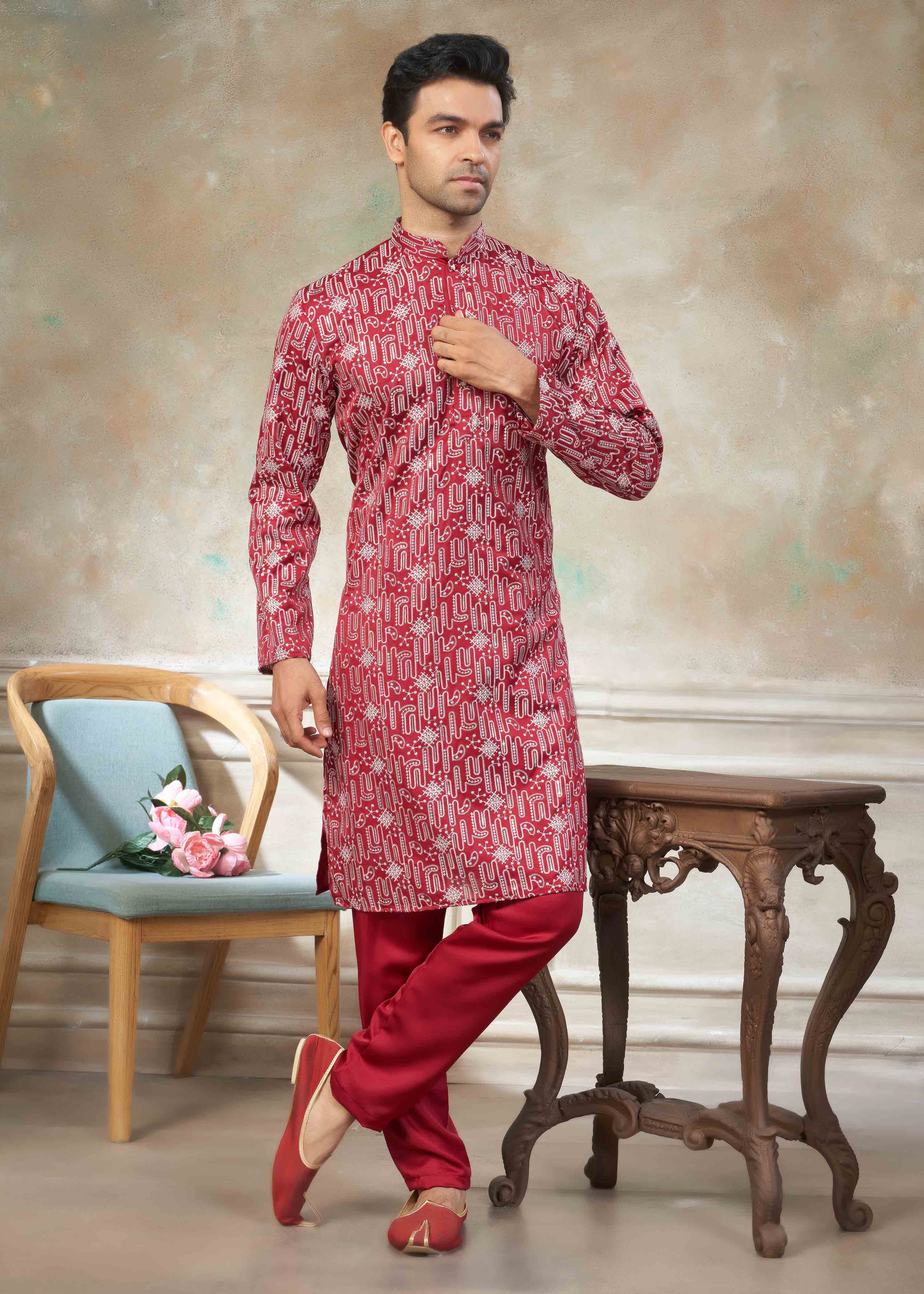 Red color Cotton fabric with embroidery Menswear kurta Pajama 43004