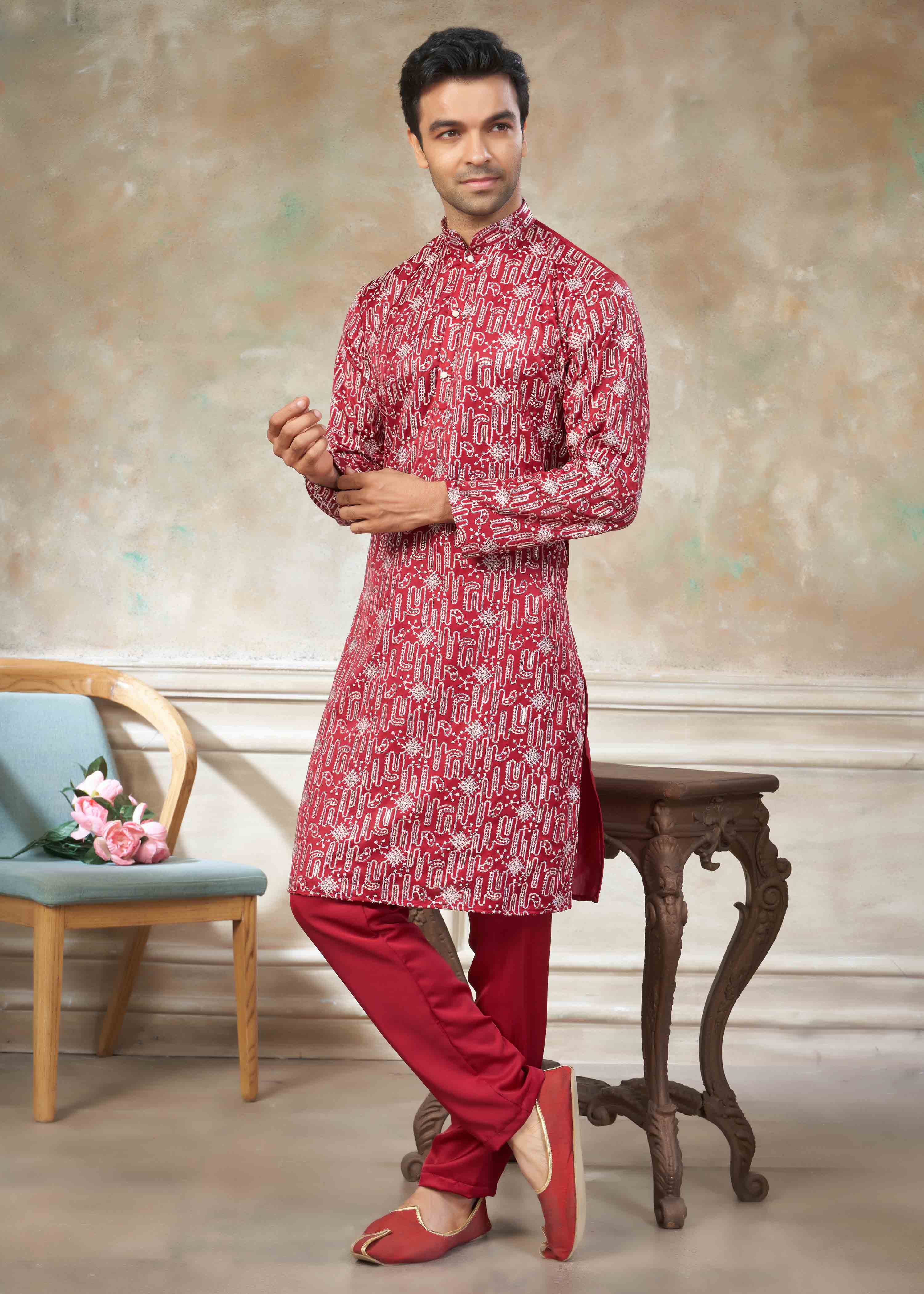 Red color Cotton fabric with embroidery Menswear kurta Pajama 43004