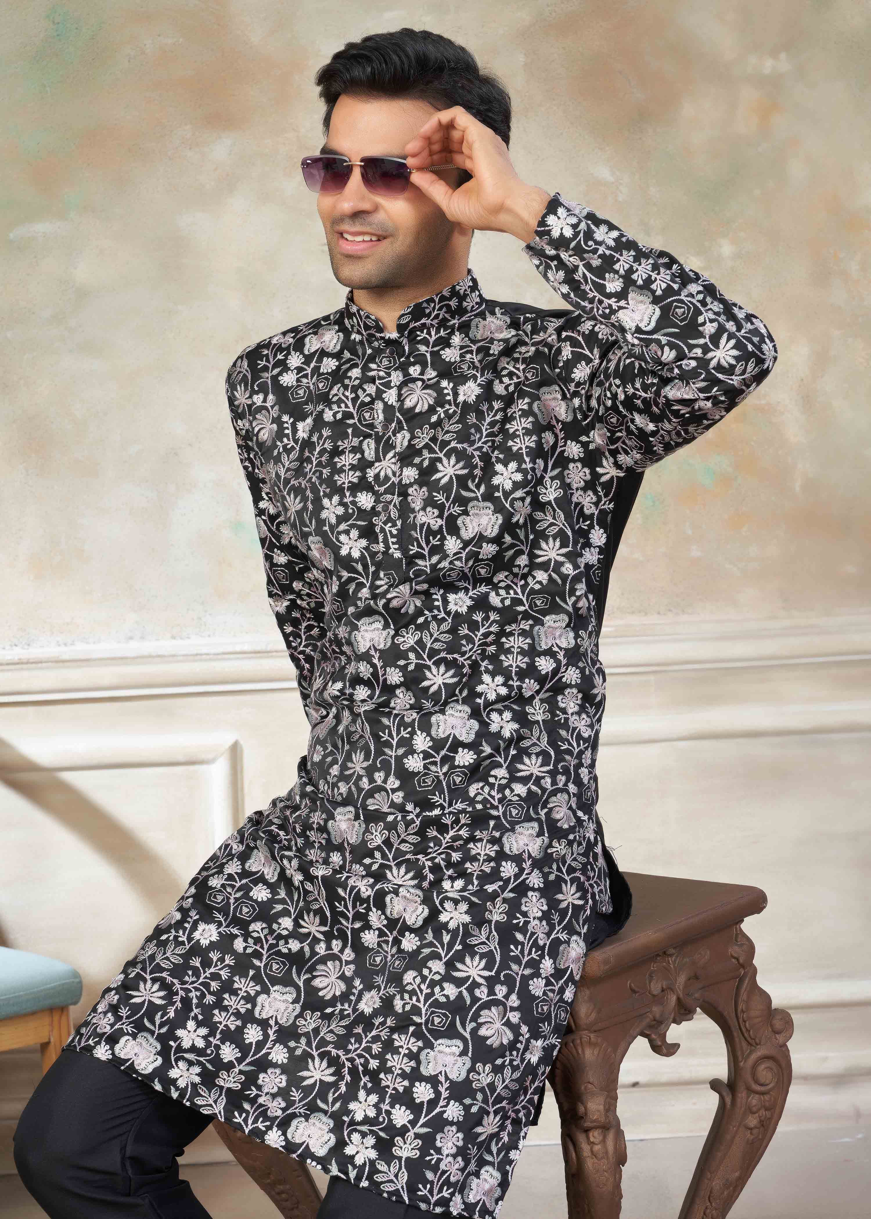 Black color Cotton fabric with embroidery Menswear kurta Pajama 43006