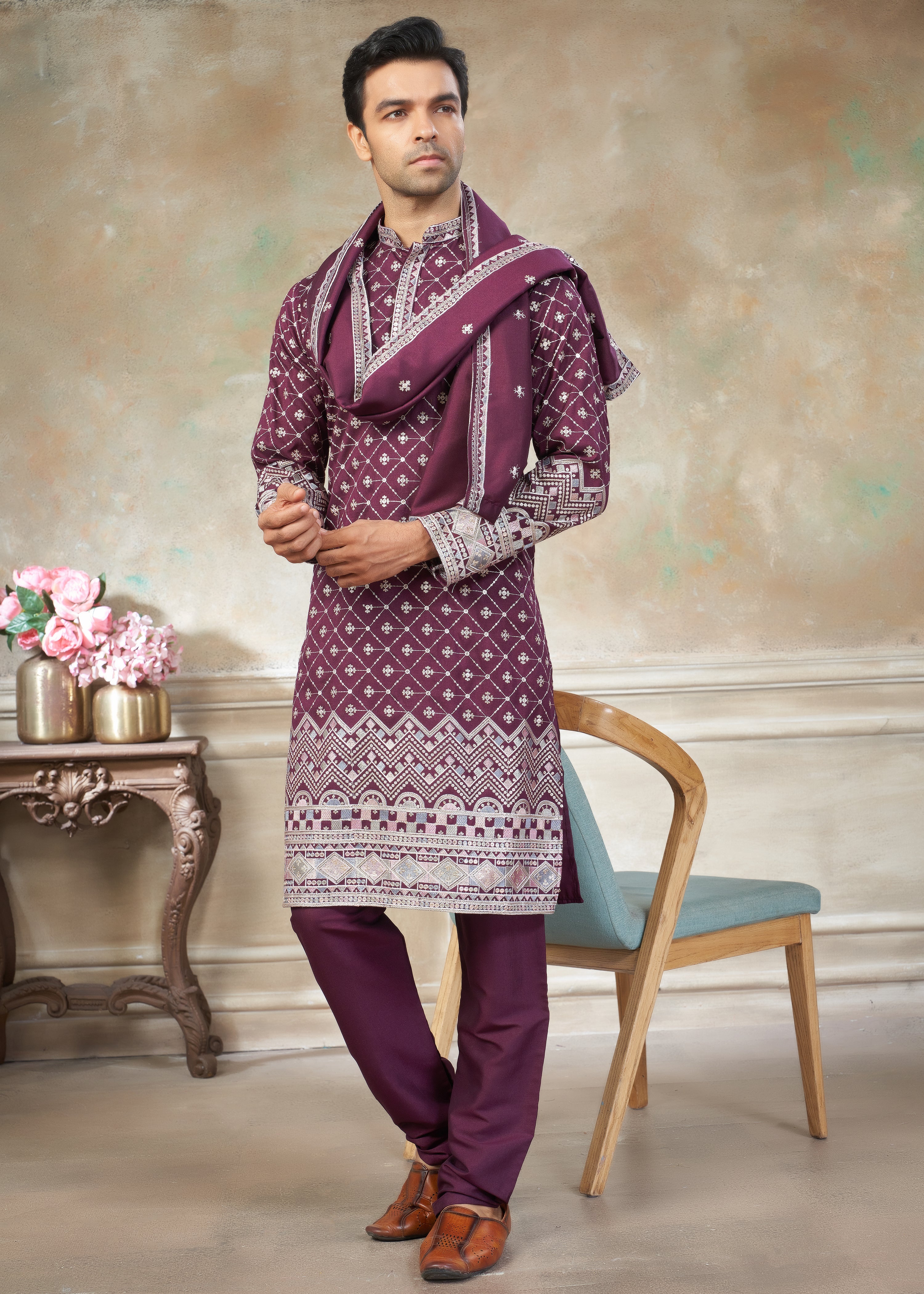 Purple Cotton fabric with Embroidered Work Menswear kurta Pajama With Dupatta 44001