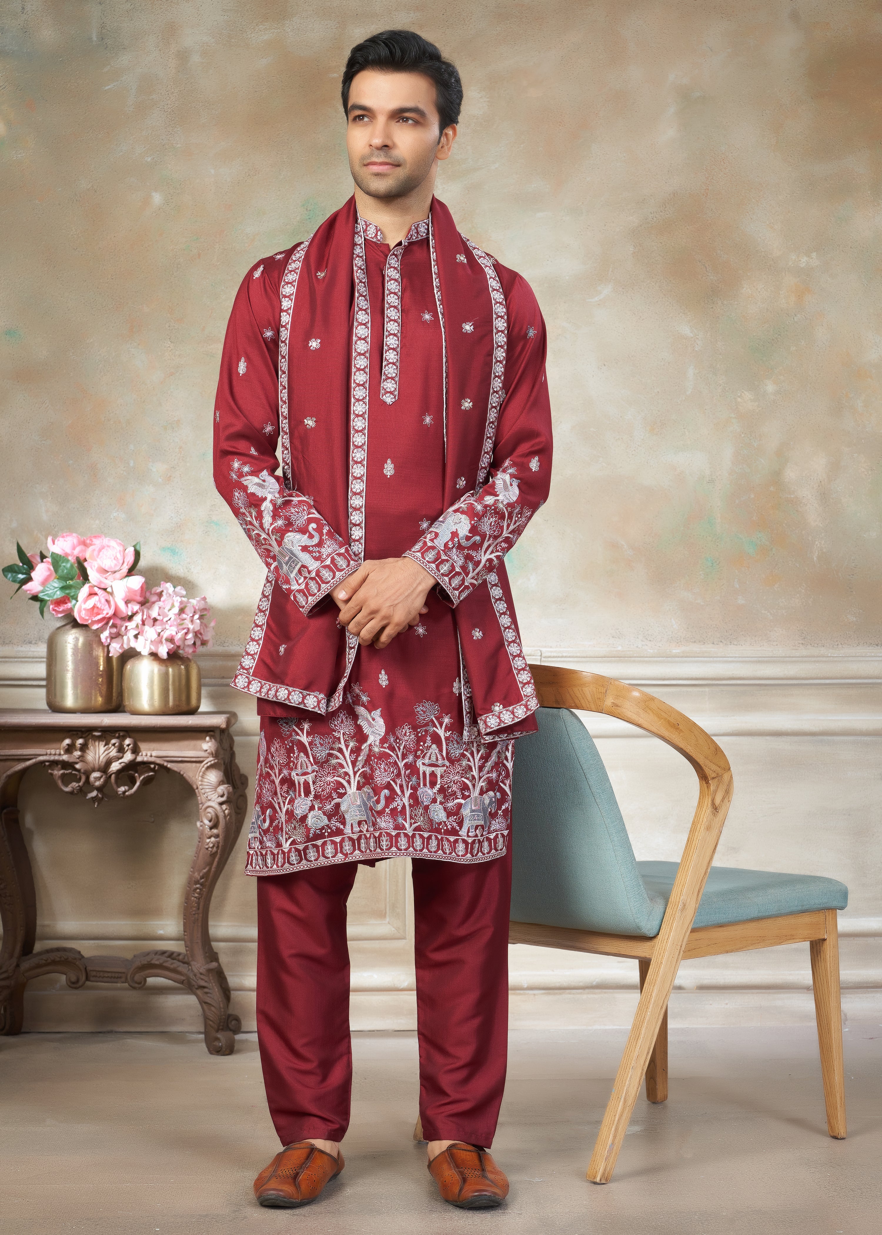 Red Cotton fabric with Embroidered Work Menswear kurta Pajama With Dupatta 44002