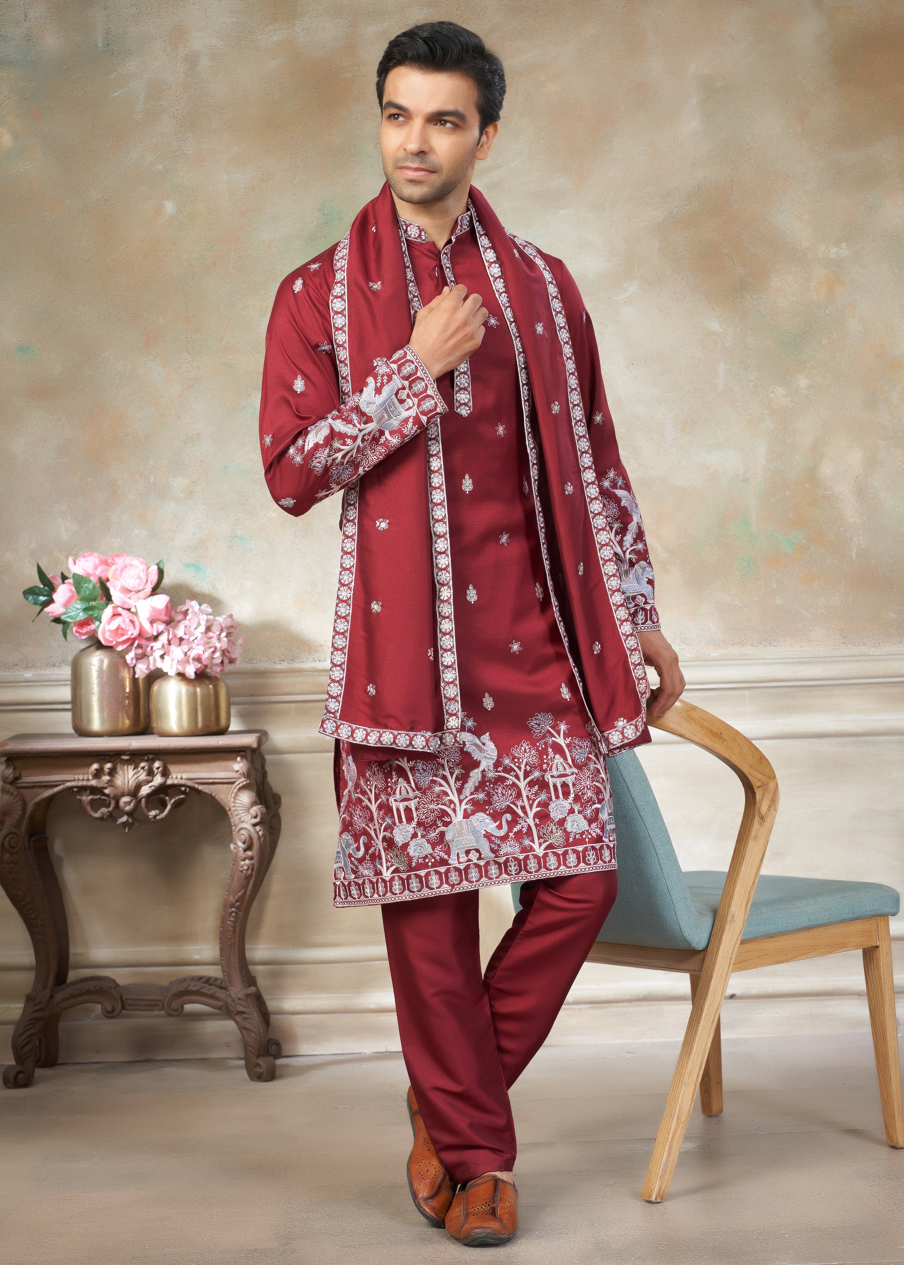 Red Cotton fabric with Embroidered Work Menswear kurta Pajama With Dupatta 44002