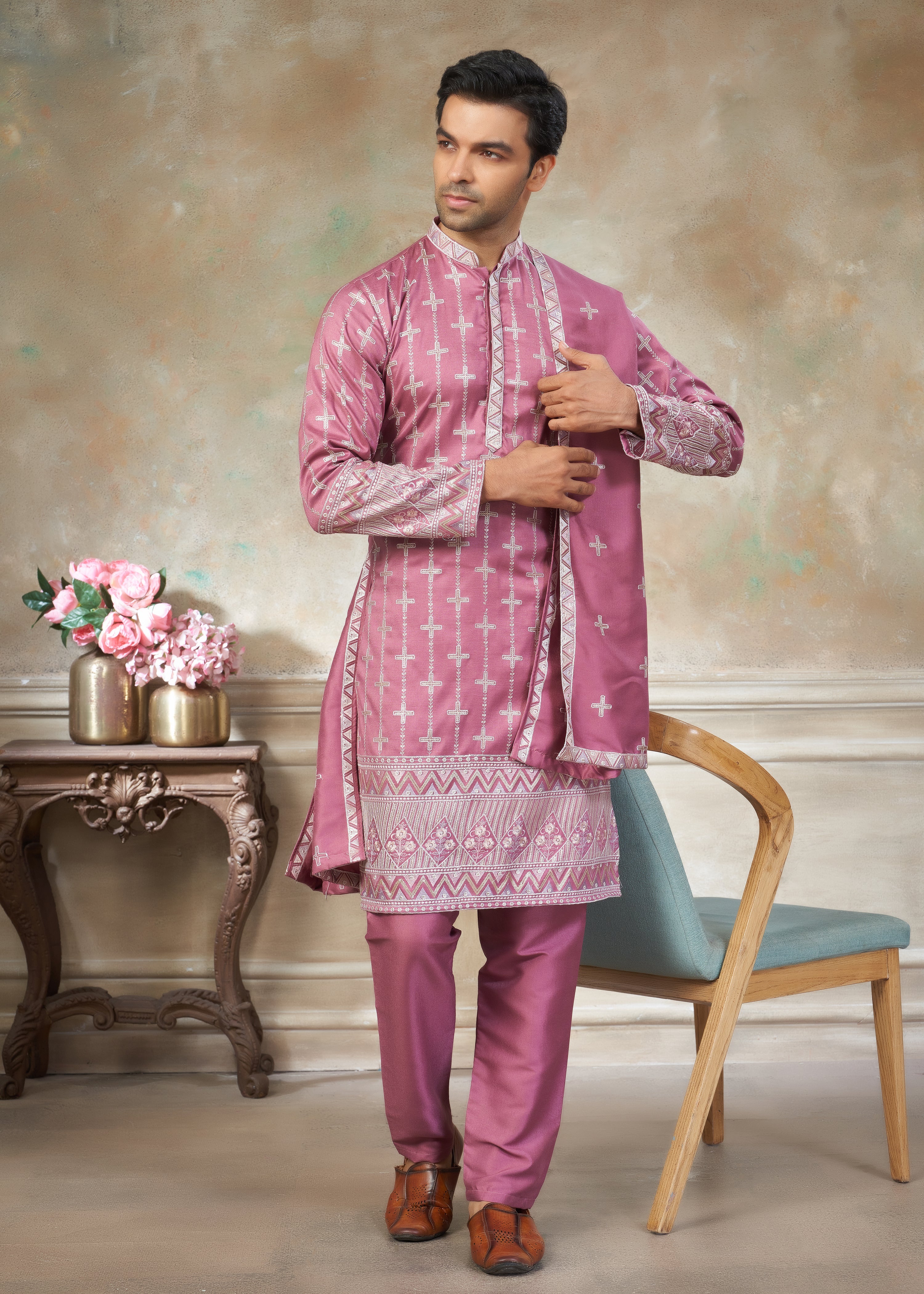 Pink Cotton fabric with Embroidered Work Menswear kurta Pajama With Dupatta 44003