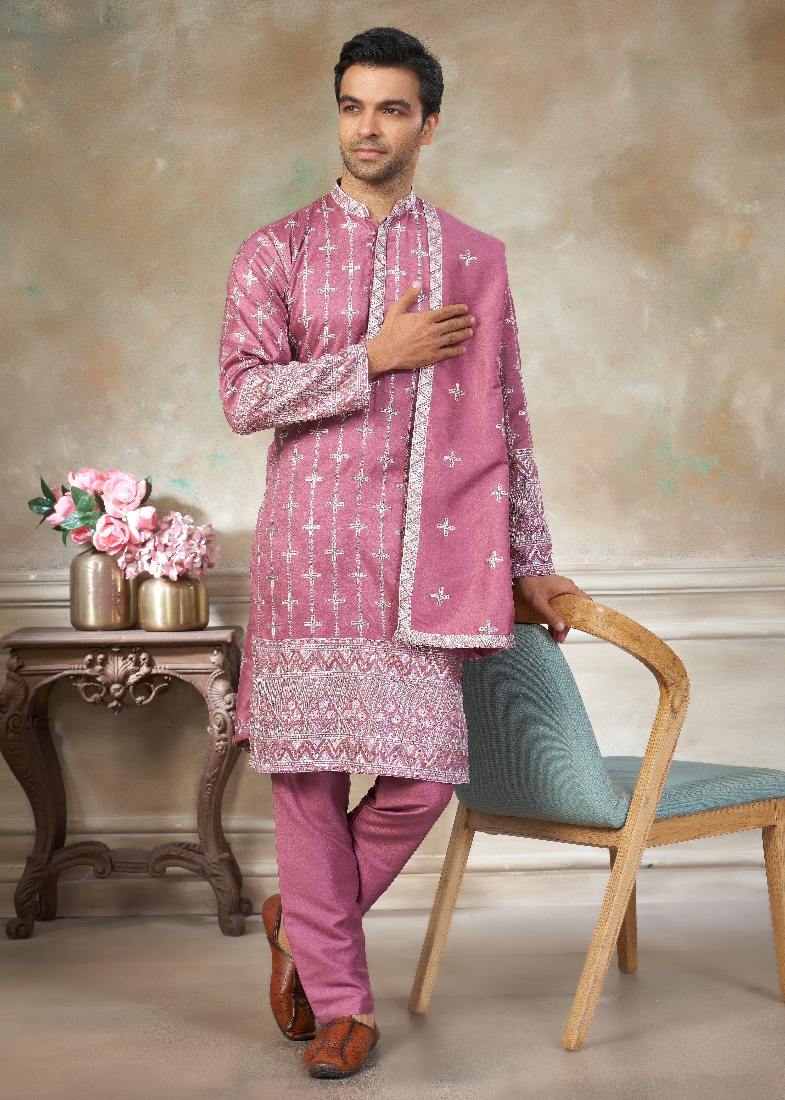 Pink Cotton fabric with Embroidered Work Menswear kurta Pajama With Dupatta 44003