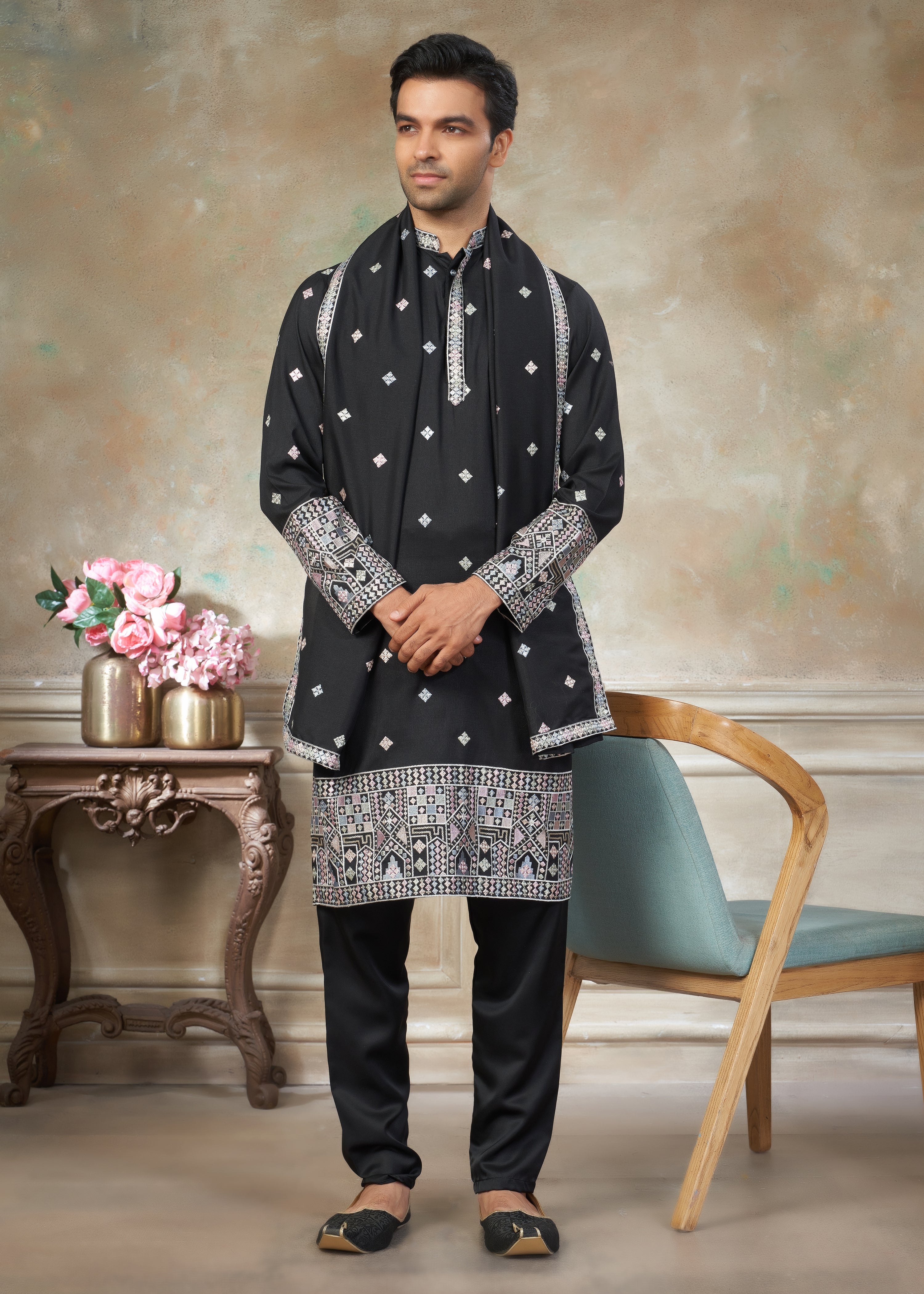Red Cotton fabric with Embroidered Work Menswear kurta Pajama With Dupatta 44004