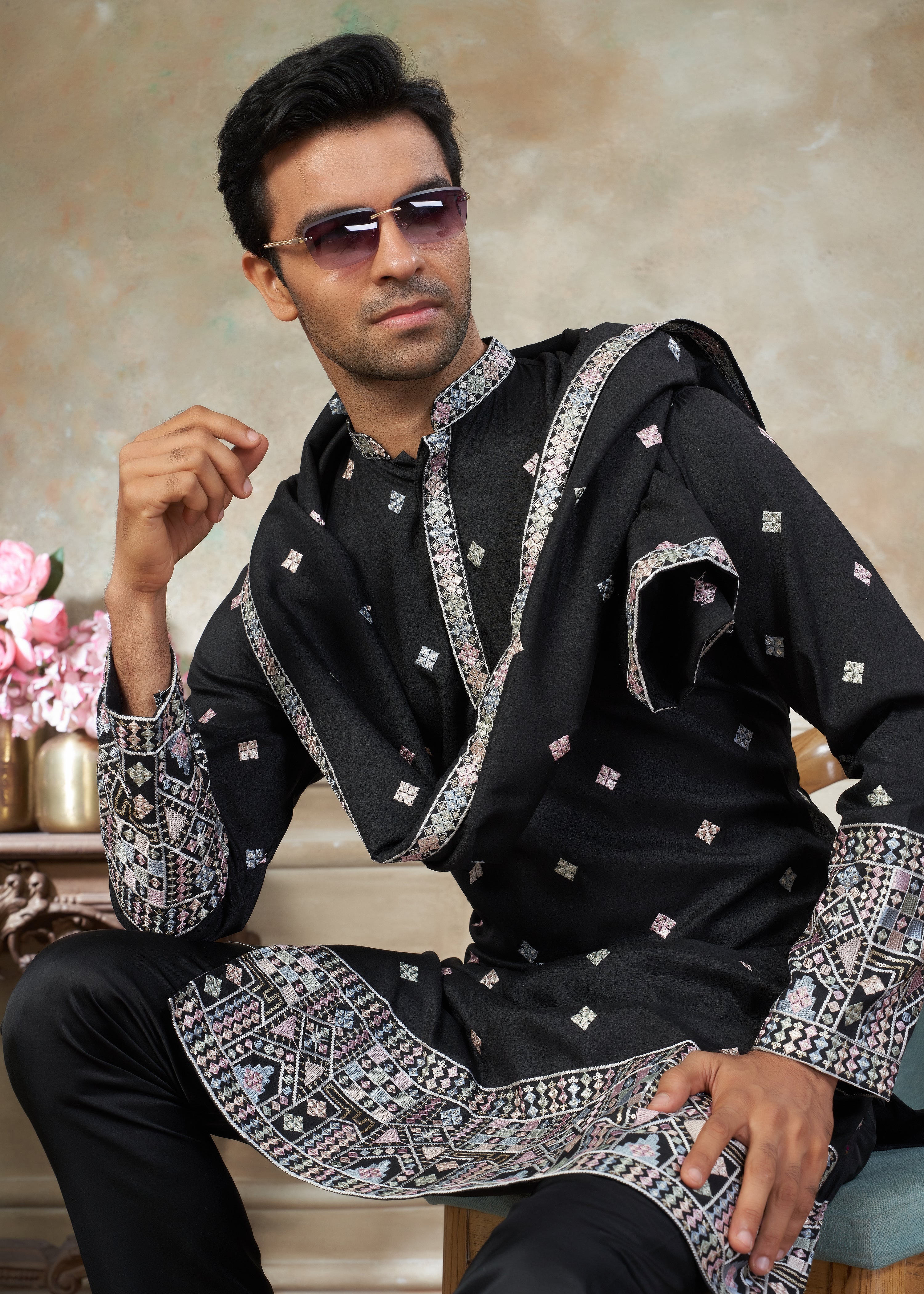 Red Cotton fabric with Embroidered Work Menswear kurta Pajama With Dupatta 44004