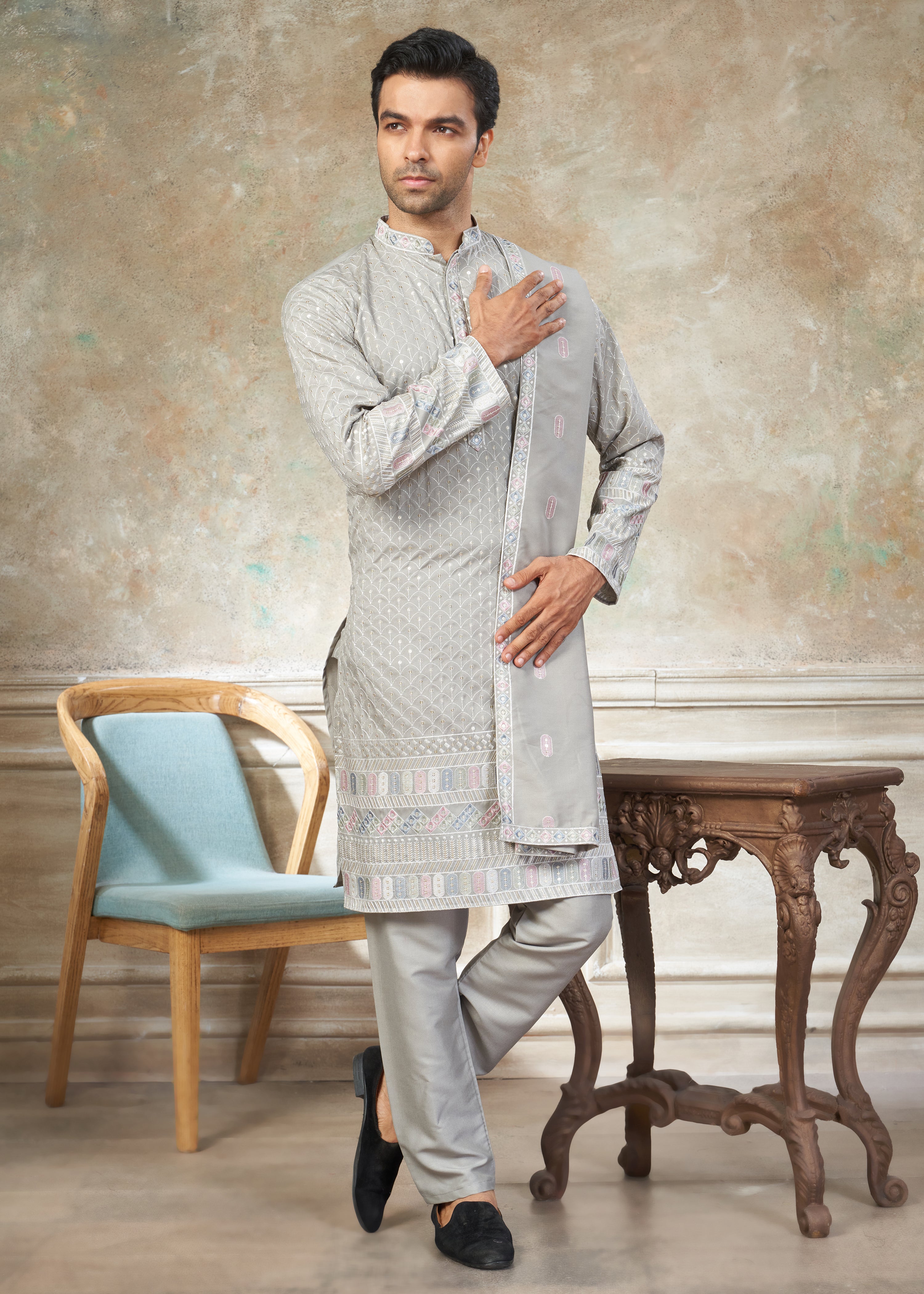 Grey Cotton fabric with Embroidered Work Menswear kurta Pajama With Dupatta 44006