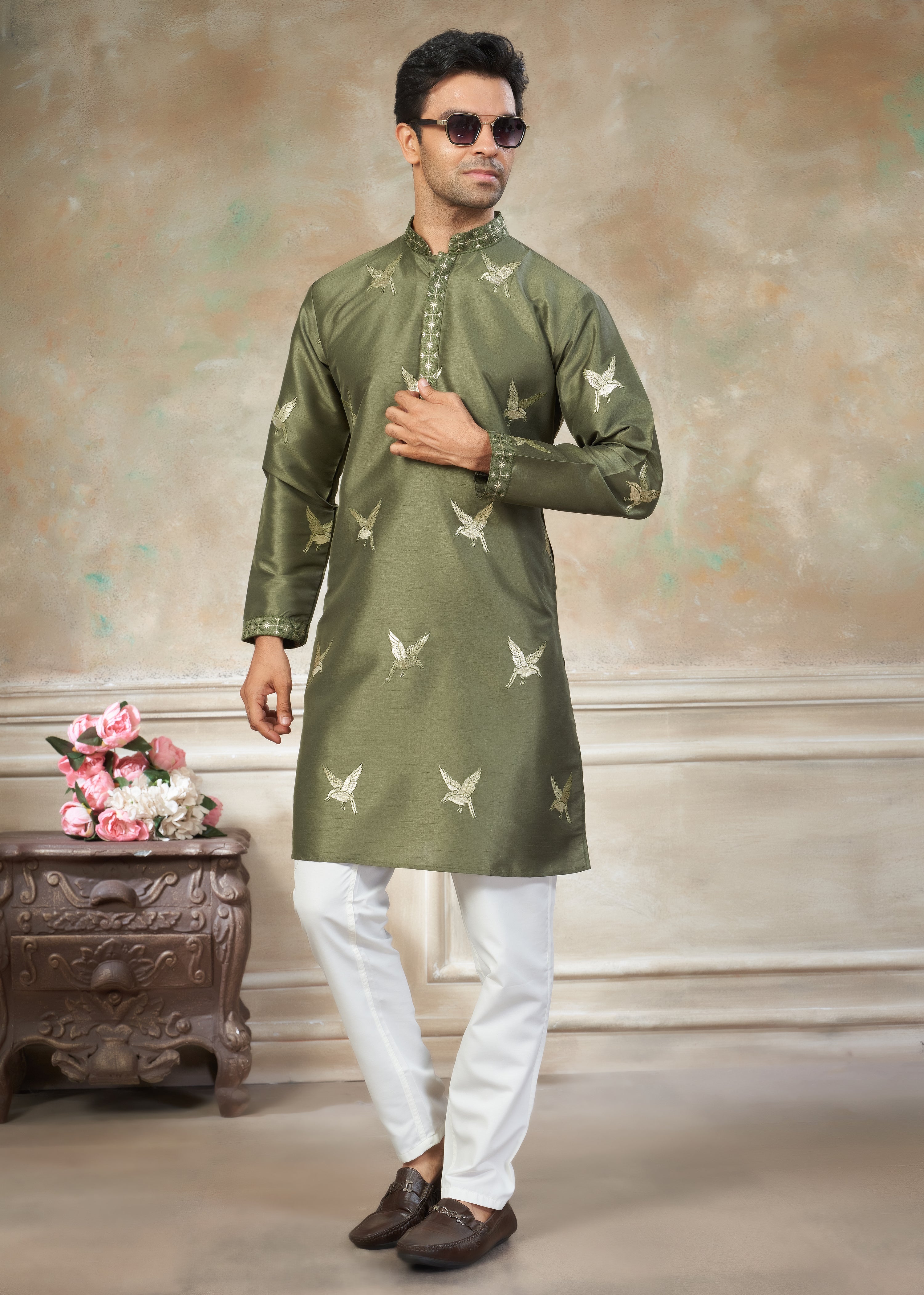 Green color Cotton fabric with embroidery Menswear kurta Pajama 45001