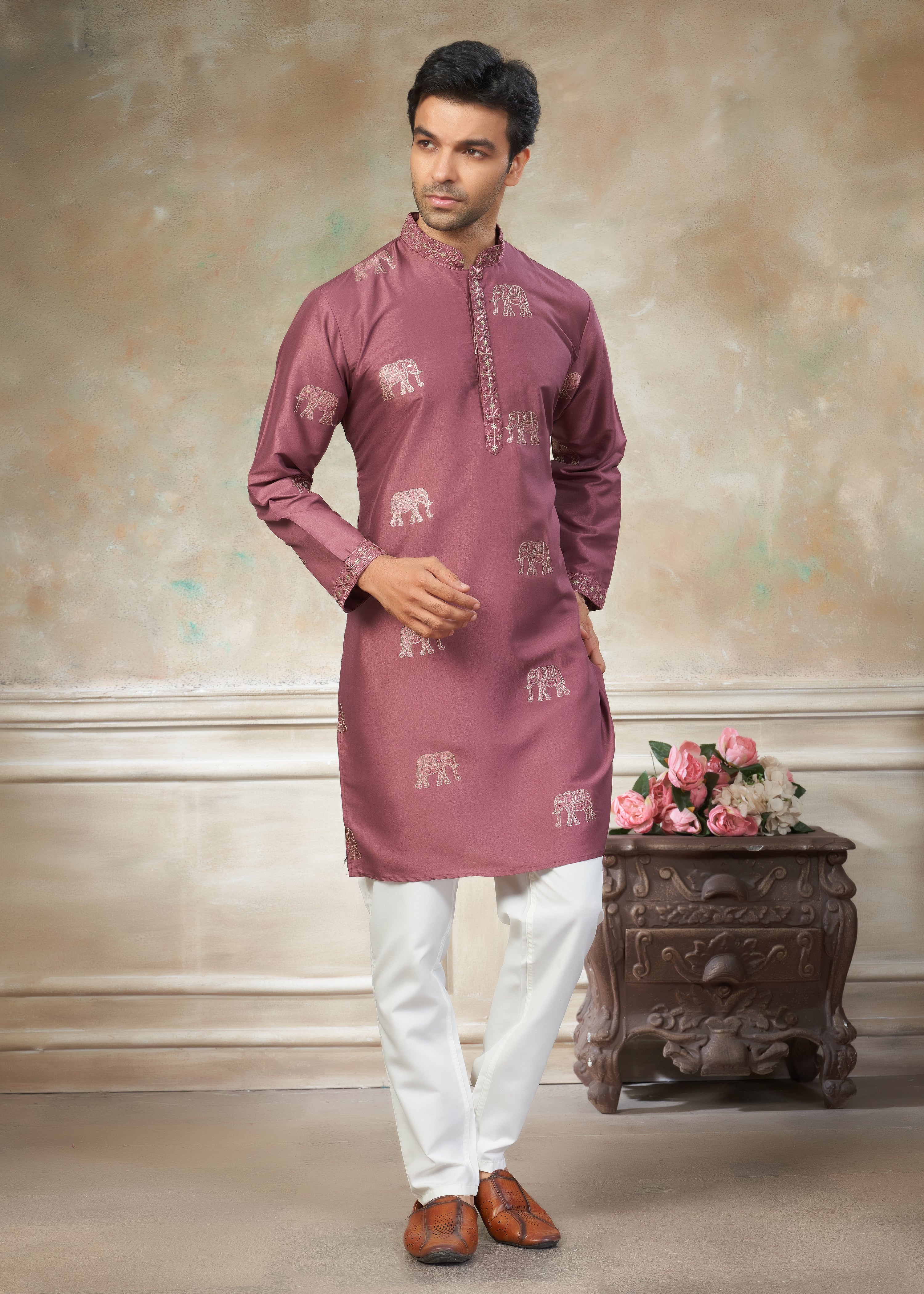 Pink color Cotton fabric with embroidery Menswear kurta Pajama 45002