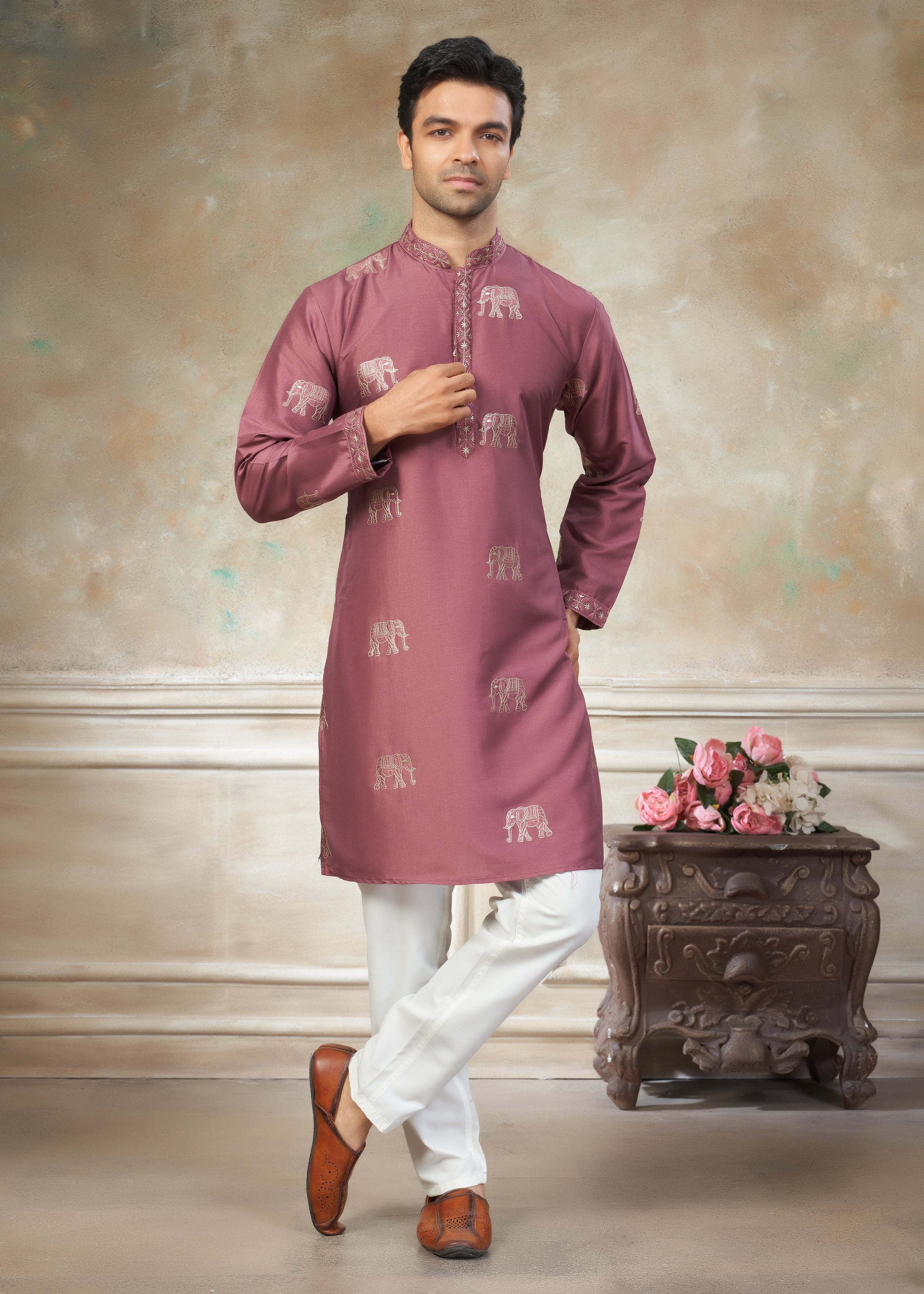 Pink color Cotton fabric with embroidery Menswear kurta Pajama 45002