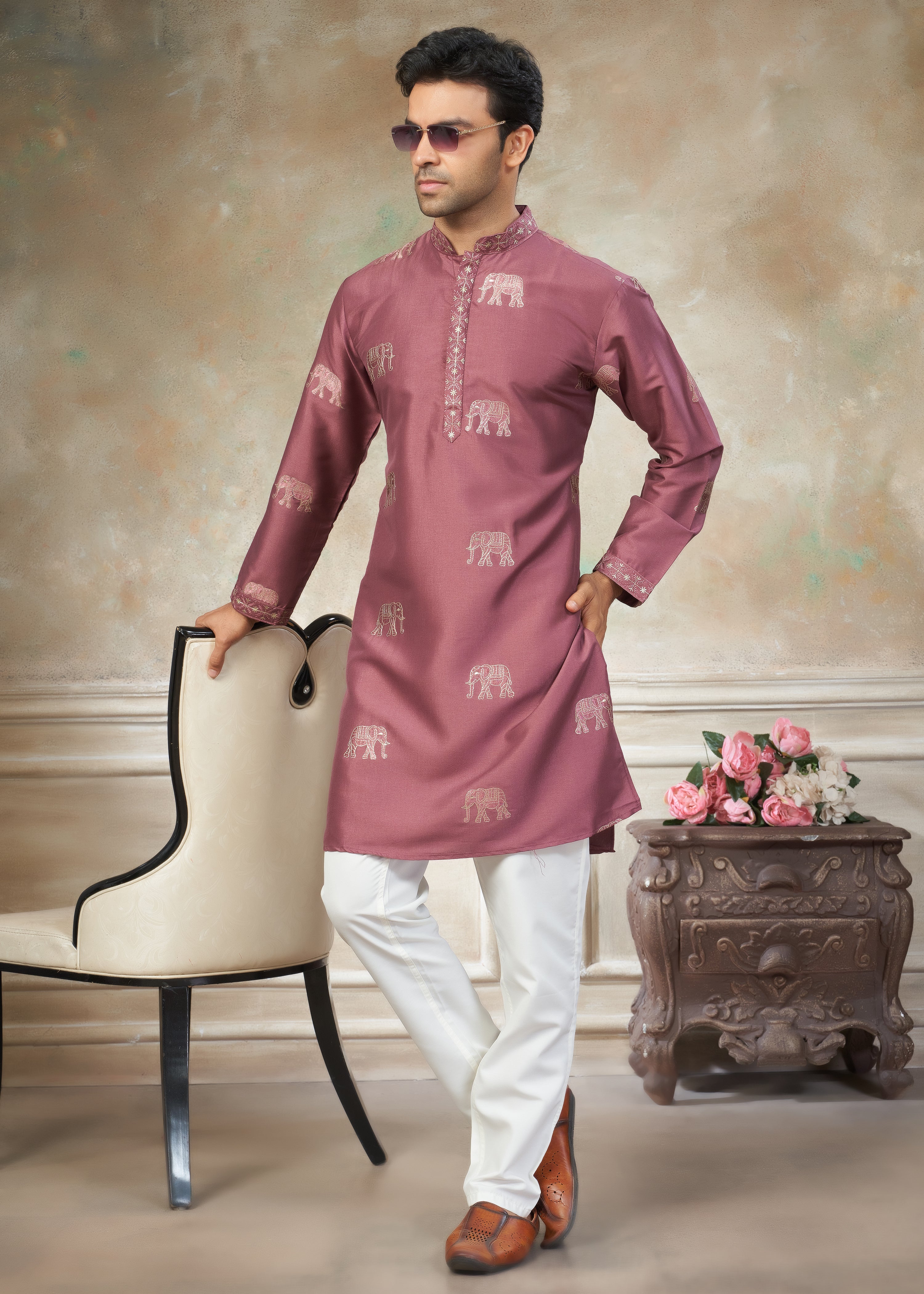 Pink color Cotton fabric with embroidery Menswear kurta Pajama 45002