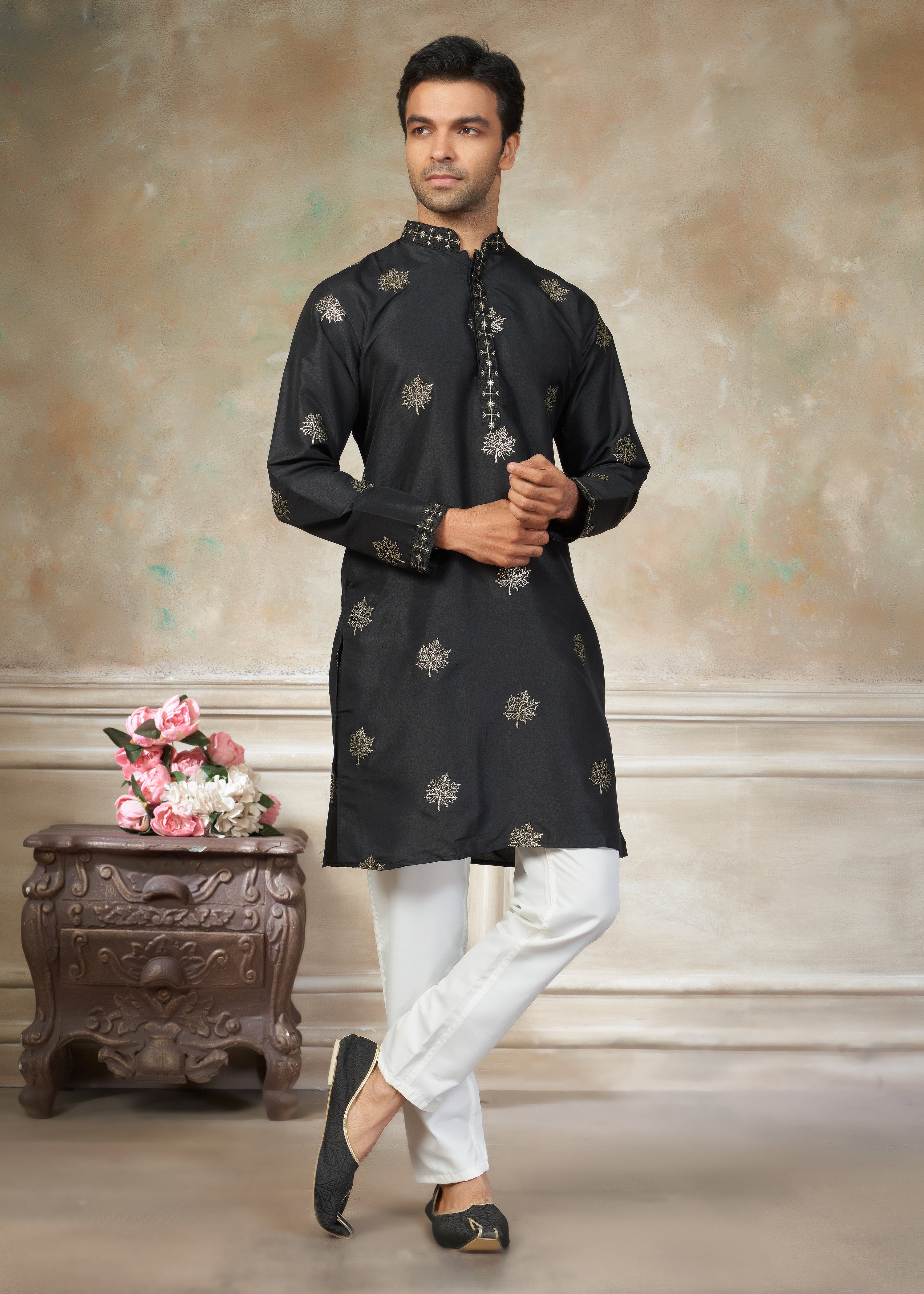 Black color Cotton fabric with embroidery Menswear kurta Pajama 45003