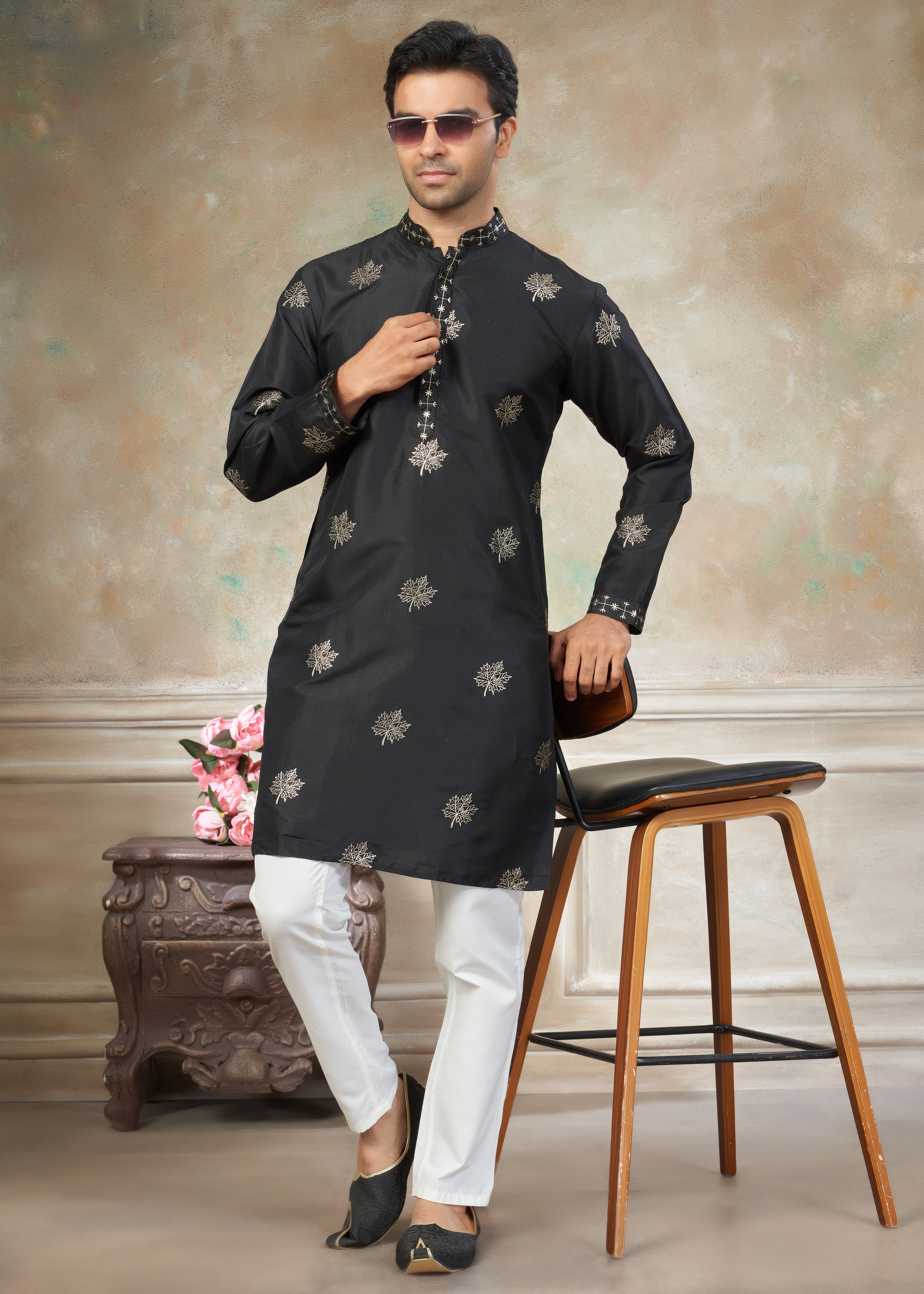 Black color Cotton fabric with embroidery Menswear kurta Pajama 45003