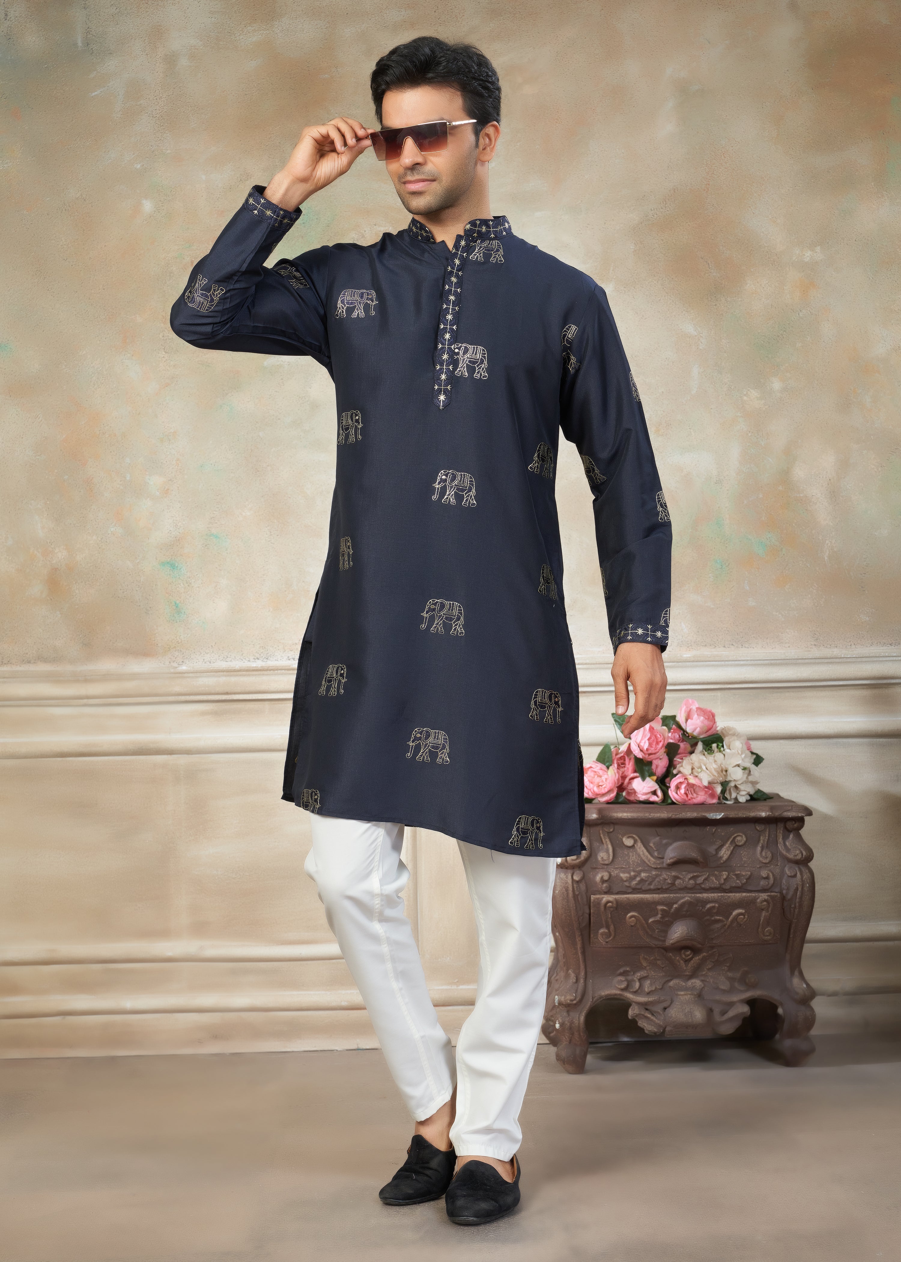 navy blue color Cotton fabric with embroidery Menswear kurta Pajama 45005