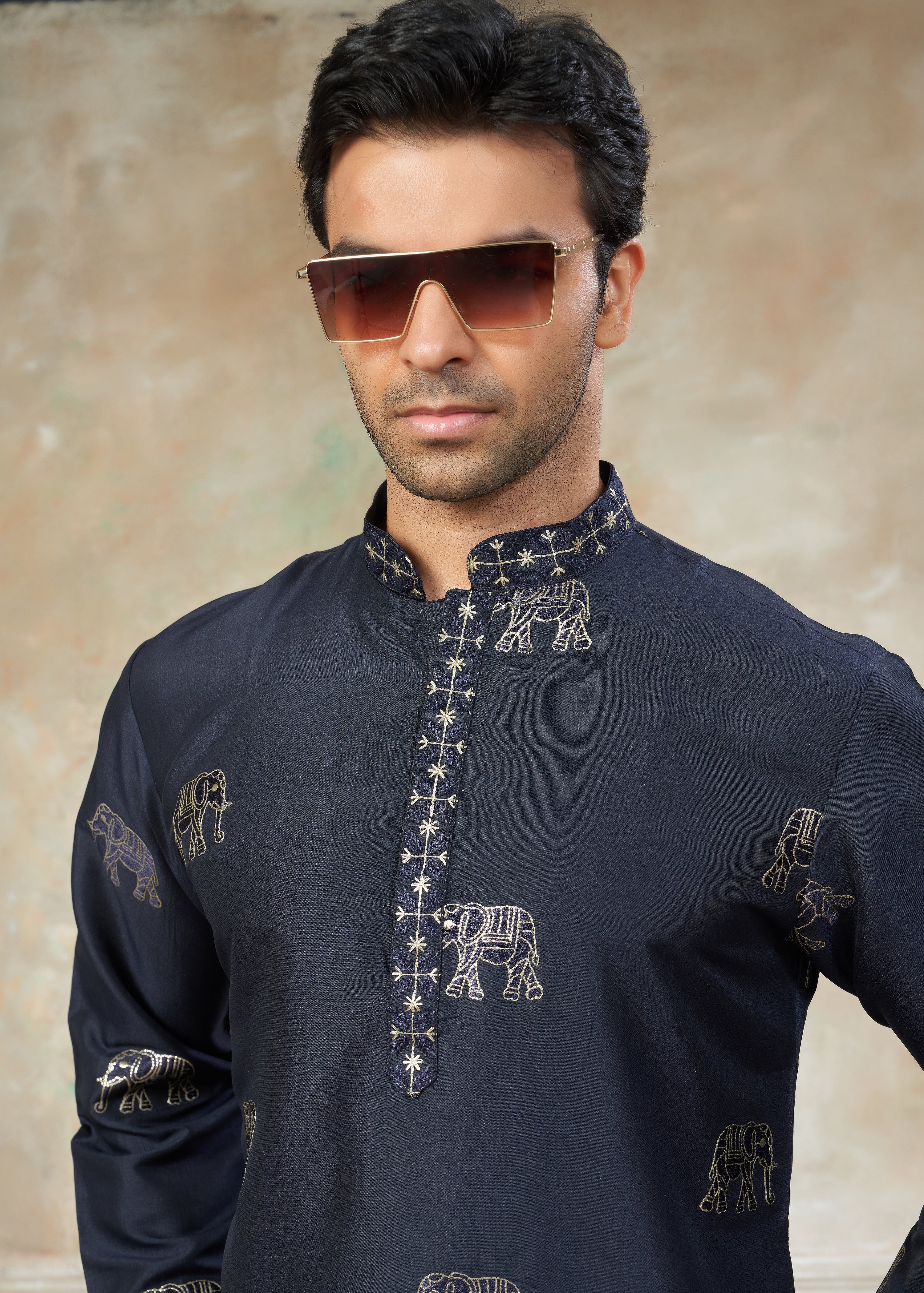 navy blue color Cotton fabric with embroidery Menswear kurta Pajama 45005
