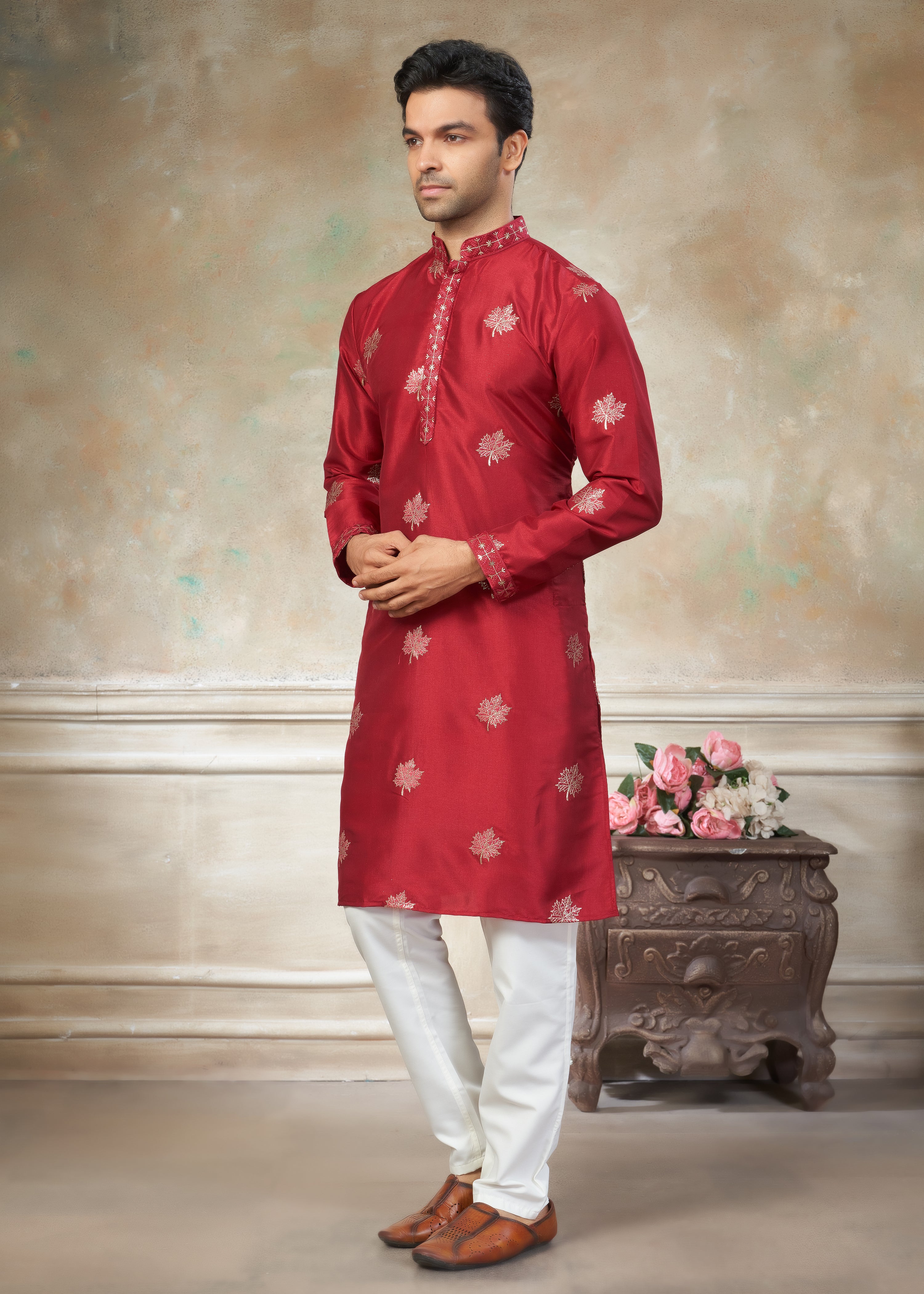 Red color Cotton fabric with embroidery Menswear kurta Pajama 45006