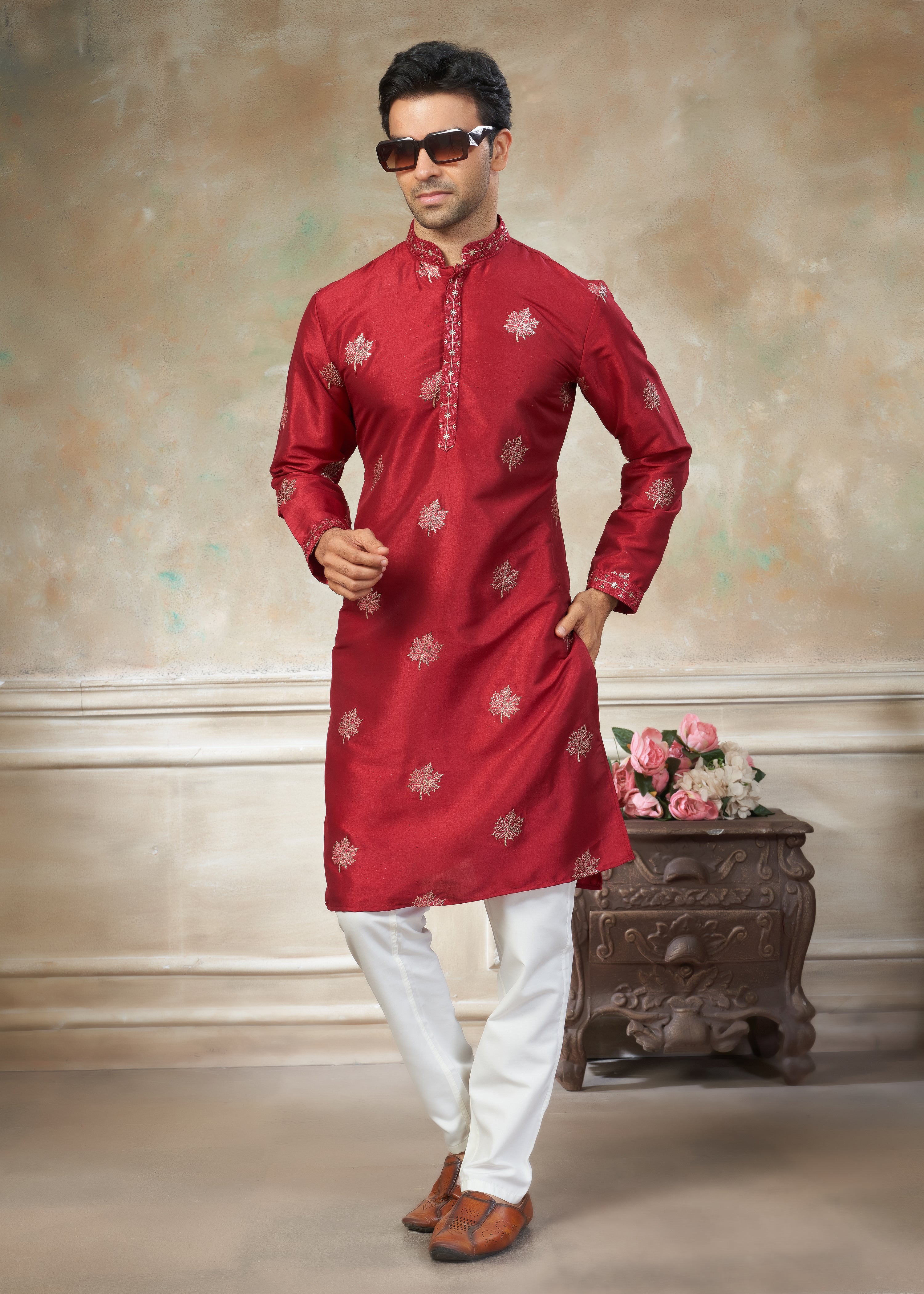 Red color Cotton fabric with embroidery Menswear kurta Pajama 45006