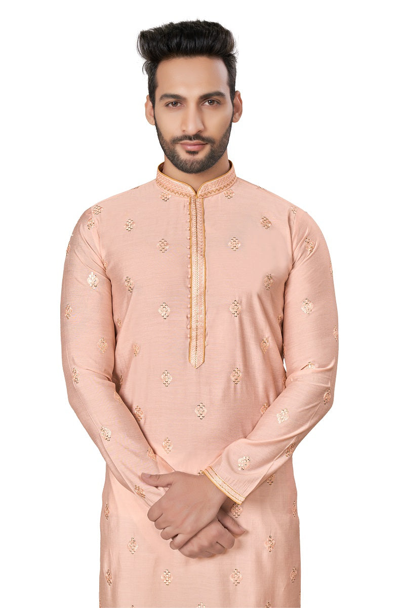 Peach Cotton Silk Mens Kurta Pajama 128004