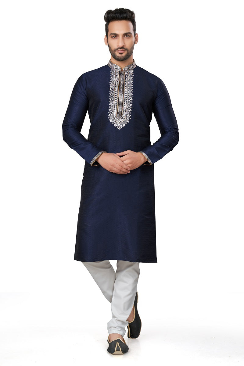 Navy Blue Silk Mens Kurta Pajama 129004