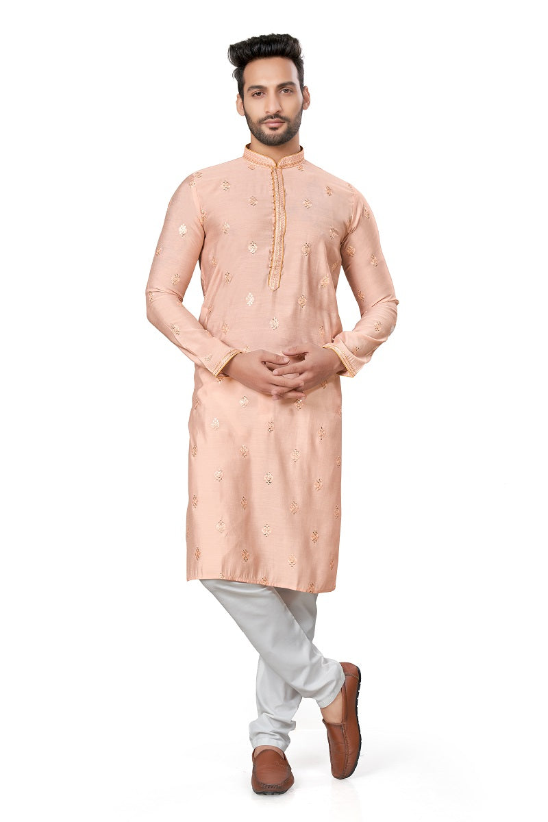 Peach Cotton Silk Mens Kurta Pajama 128004