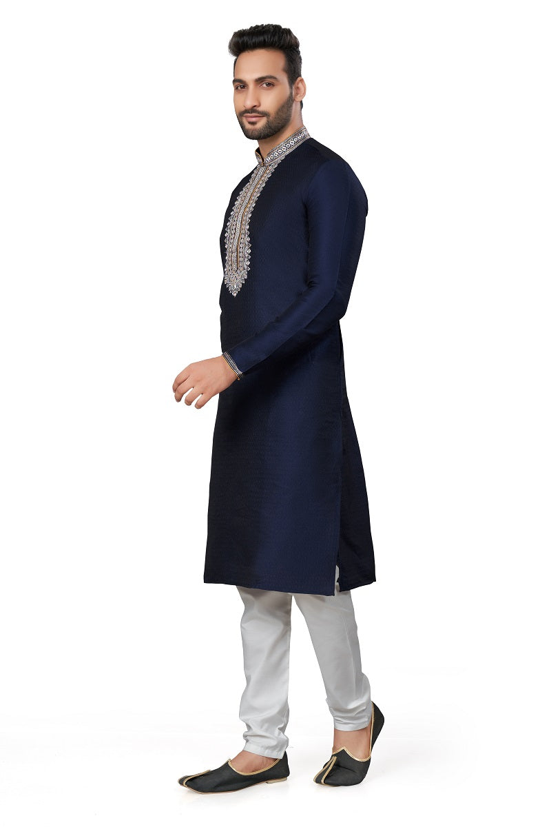 Navy Blue Silk Mens Kurta Pajama 129004