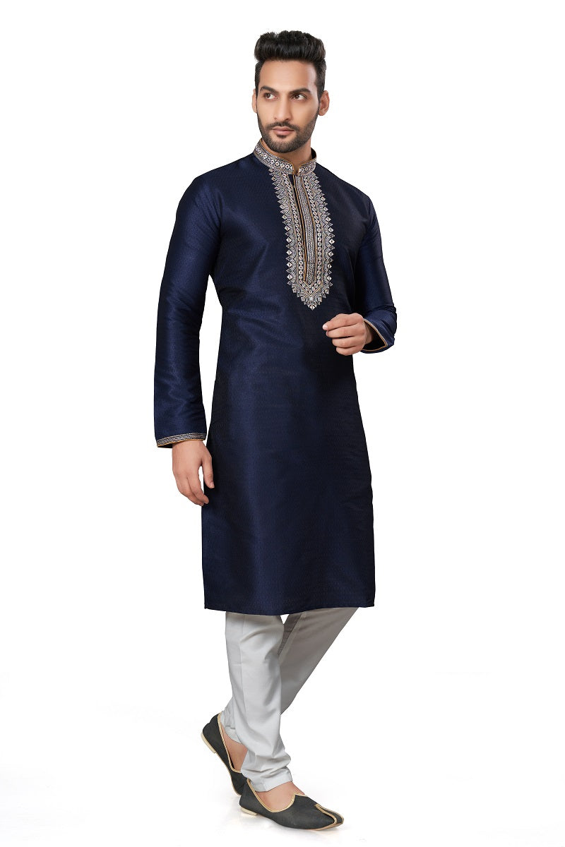 Navy Blue Silk Mens Kurta Pajama 129004