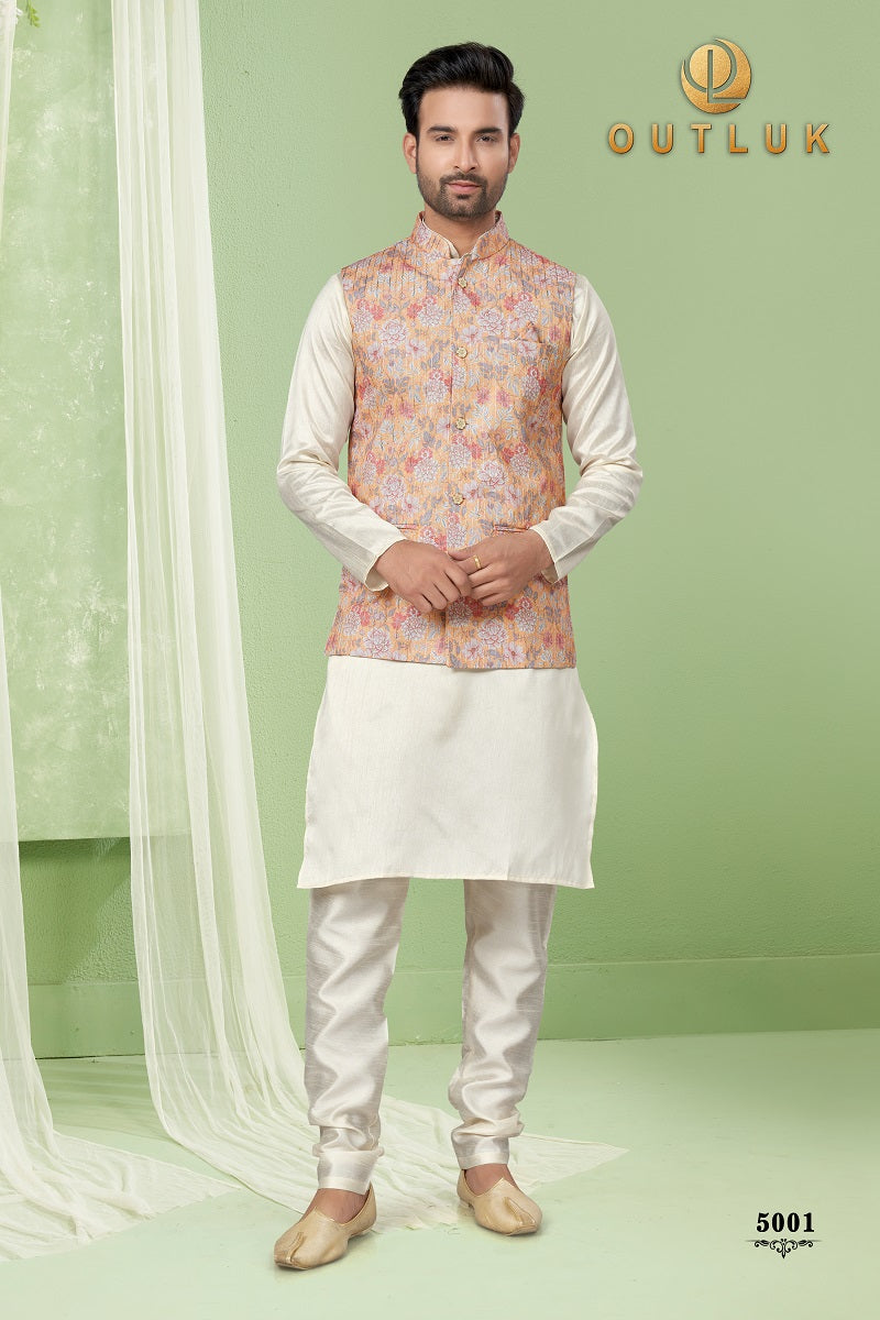 Cream Silk Mens Kurta Pajama with Jackets 5001