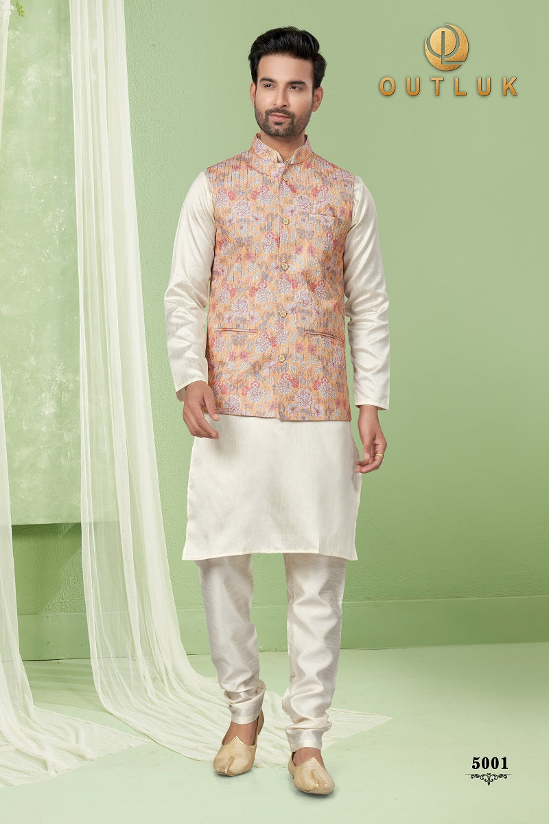 Cream Silk Mens Kurta Pajama with Jackets 5001