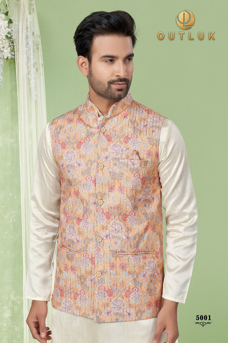 Cream Silk Mens Kurta Pajama with Jackets 5001