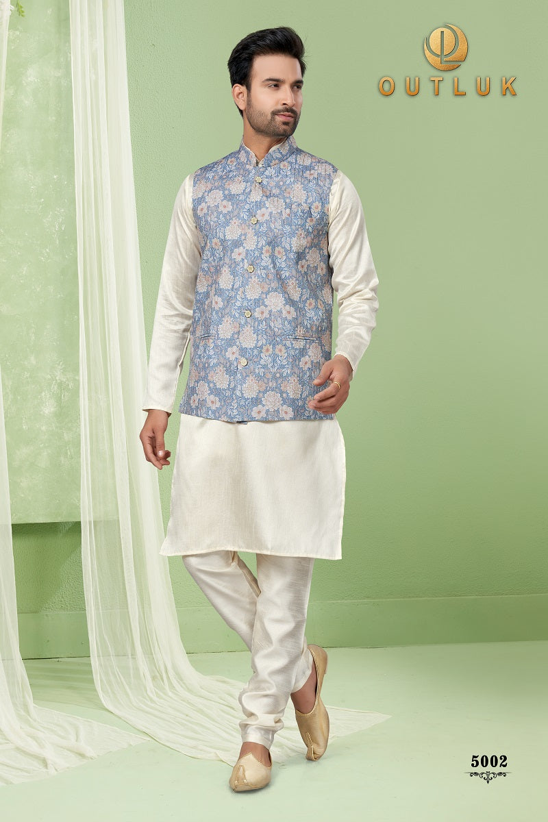 Blue Silk Mens Kurta Pajama with Jackets 5002