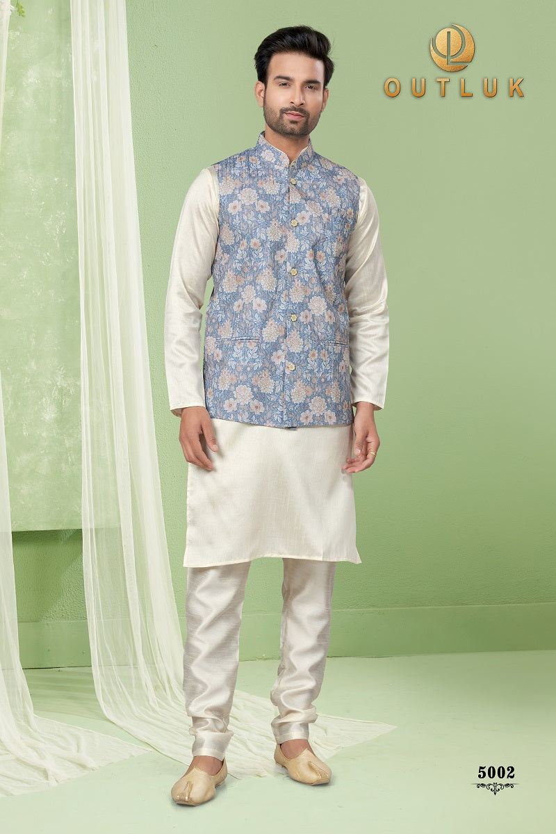 Blue Silk Mens Kurta Pajama with Jackets 5002