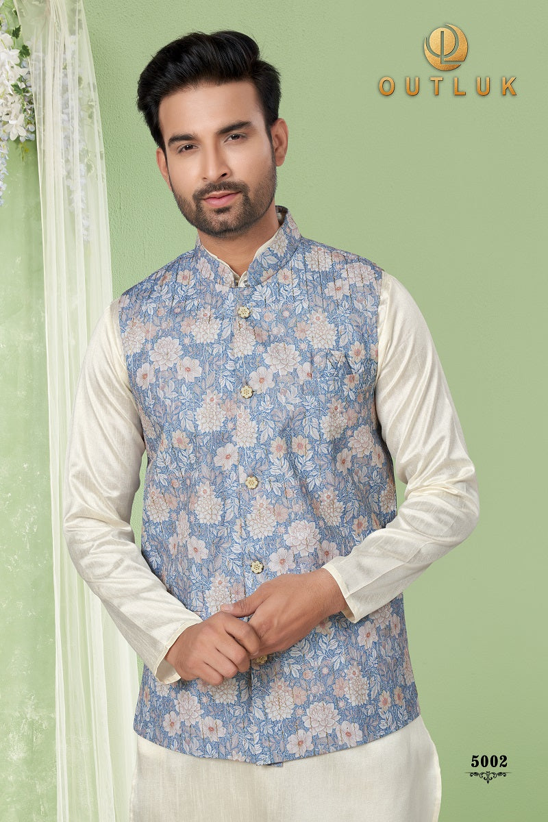 Blue Silk Mens Kurta Pajama with Jackets 5002