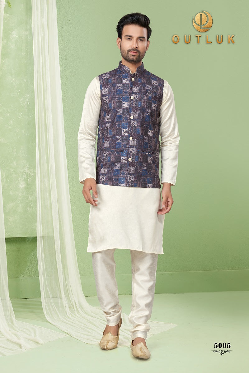 Black And Mix Silk Mens Kurta Pajama with Jackets 5005