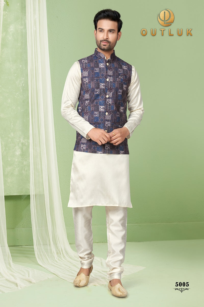 Black And Mix Silk Mens Kurta Pajama with Jackets 5005